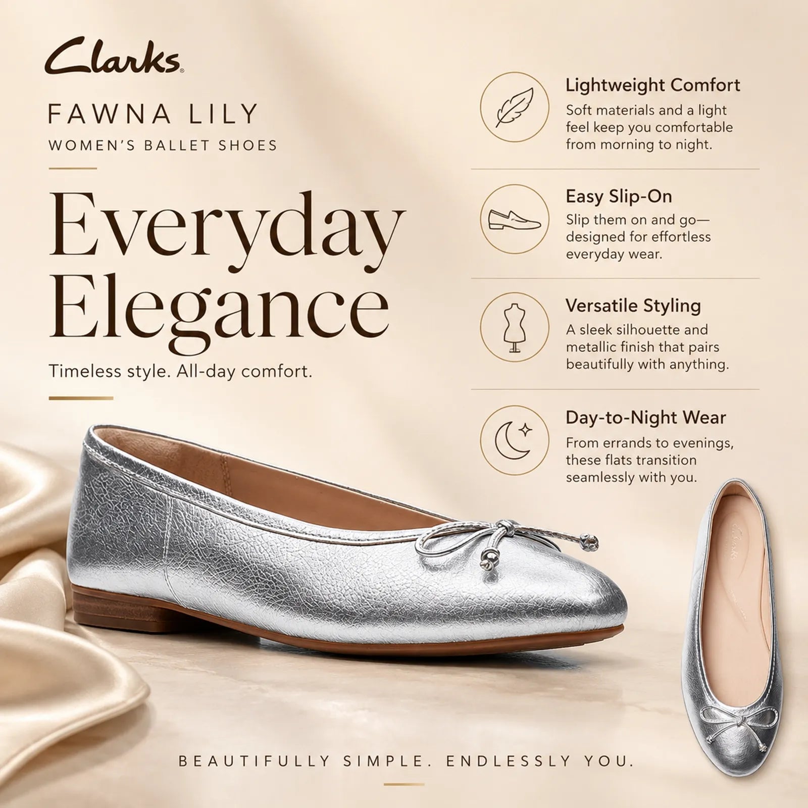 Women's silver leather loafer with bow detail, low stacked heel, slip-on style.