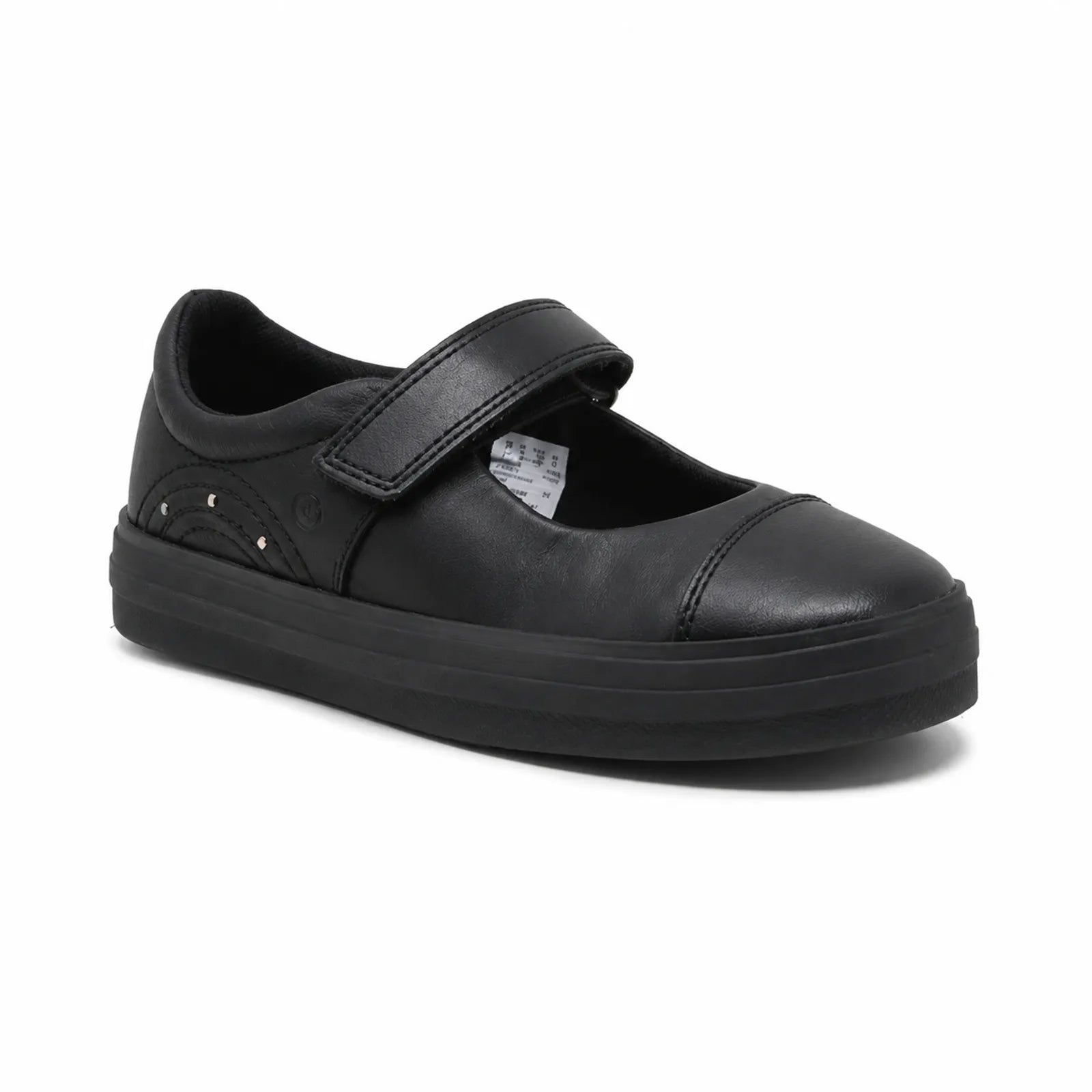 Black kids loafer shoes with hook-and-loop strap and cushioned sole.