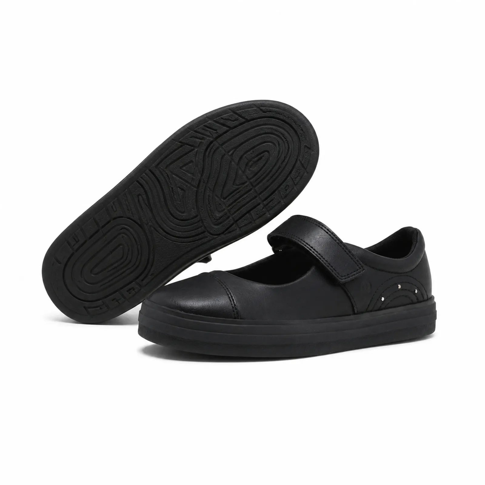 Black kids loafer shoes with hook-and-loop strap, side view with tread sole.