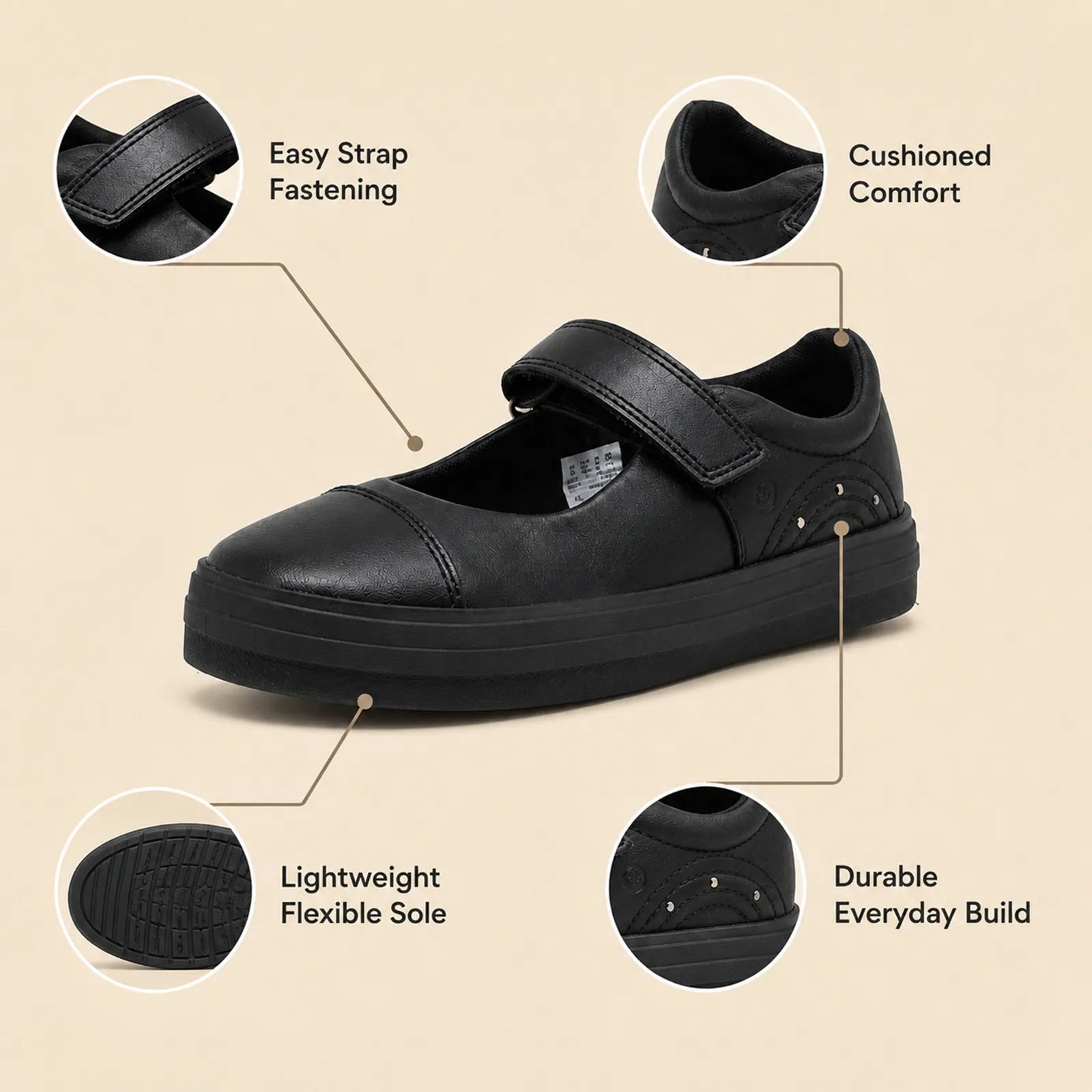 Black kids loafer with easy strap closure and lightweight, flexible sole.