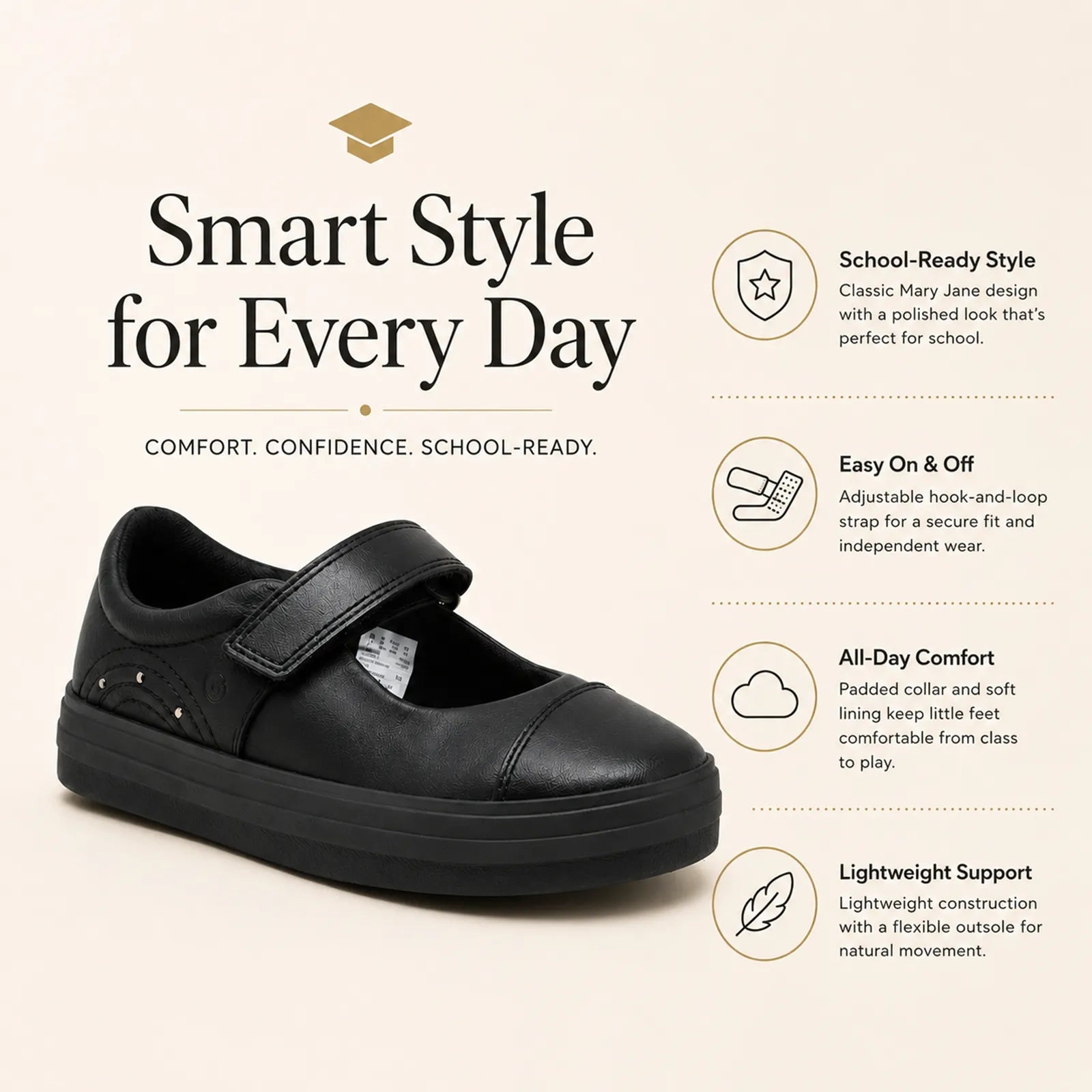 Black kids loafer shoes with hook-and-loop strap and padded comfort lining.