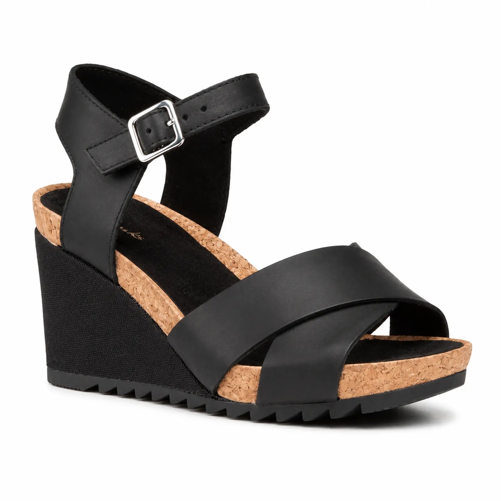 Black wedge sandals with adjustable buckle ankle strap, open-toe design