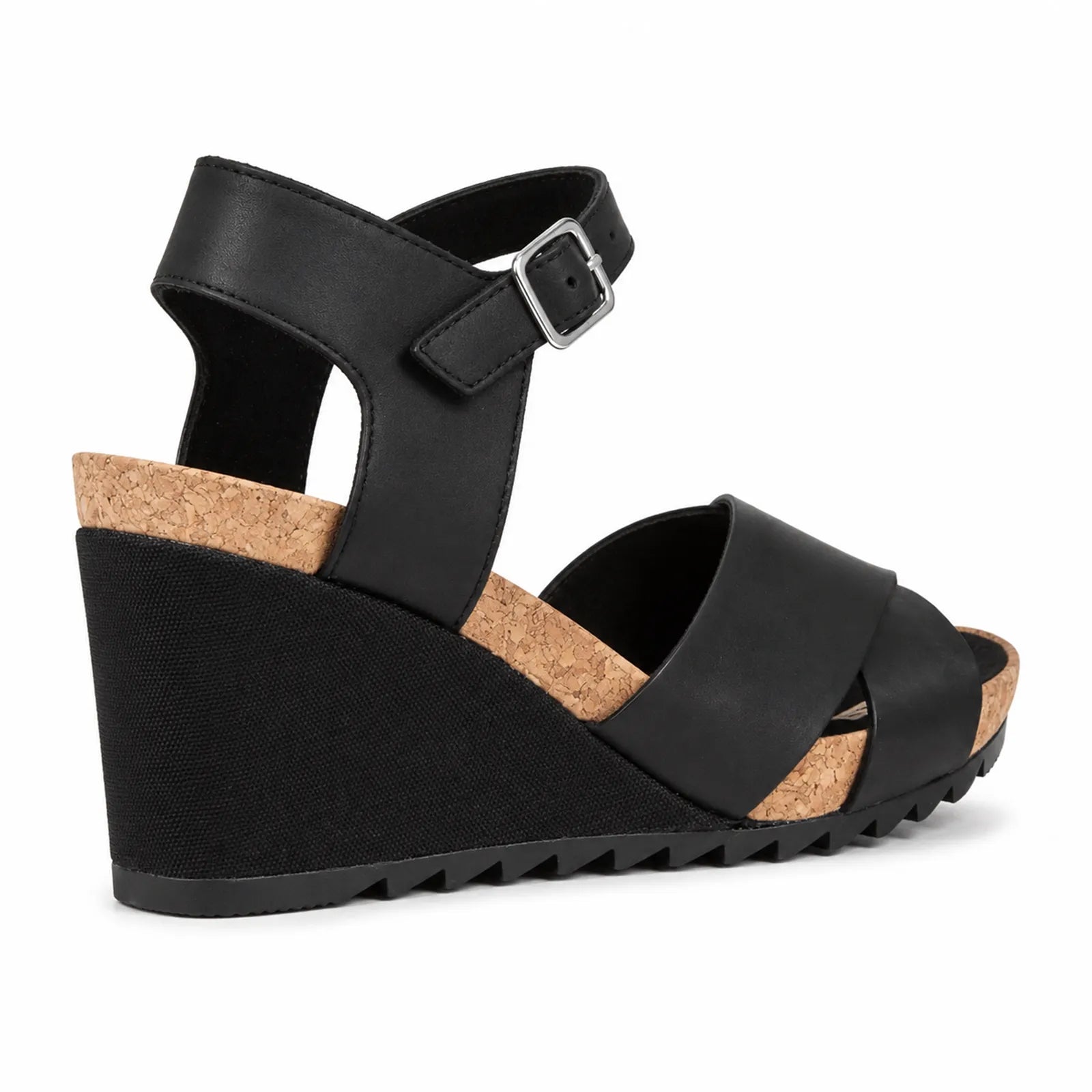 Black wedge sandals with adjustable buckle ankle strap, open toe