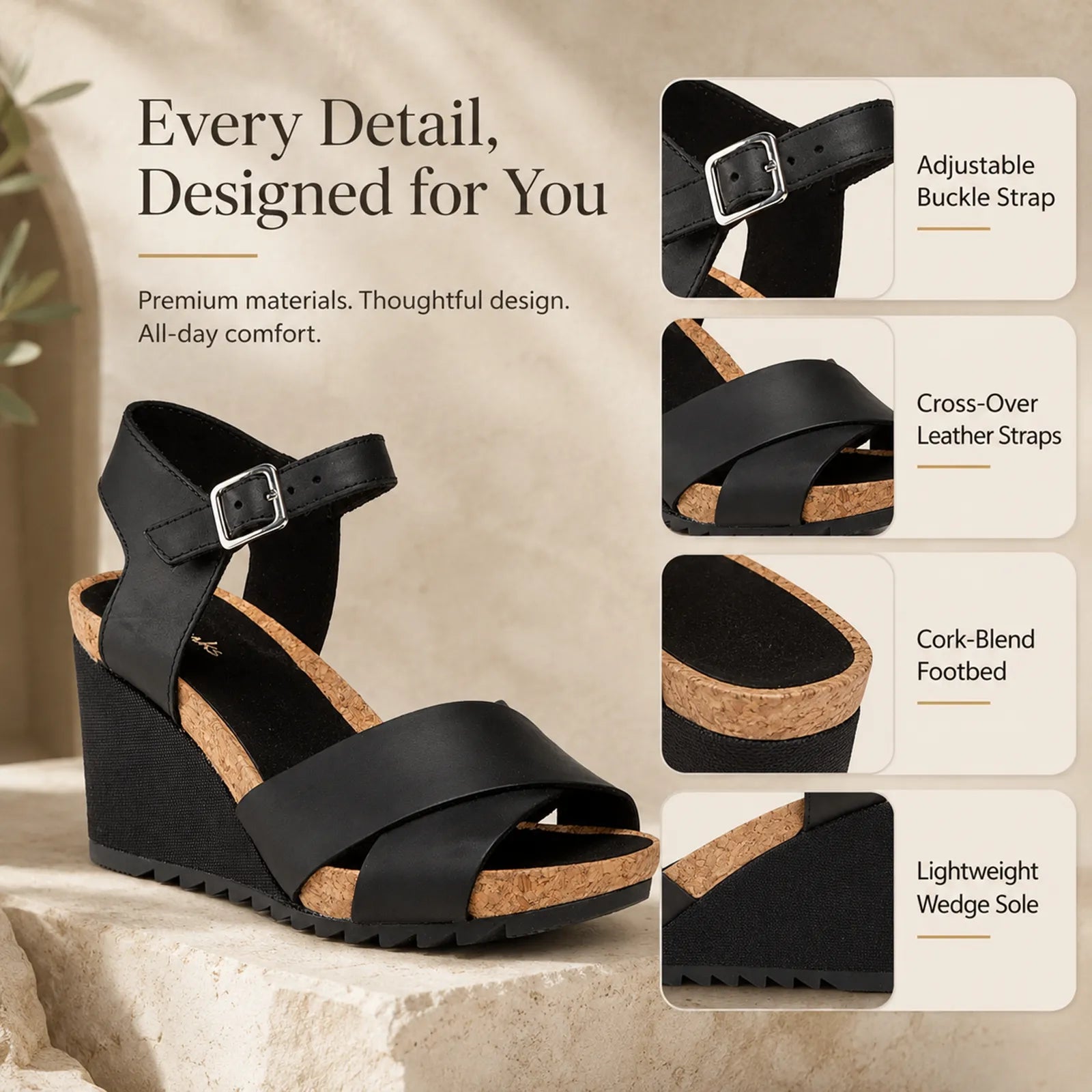 Black women’s wedge sandals with adjustable buckle ankle strap and cross-over leather straps