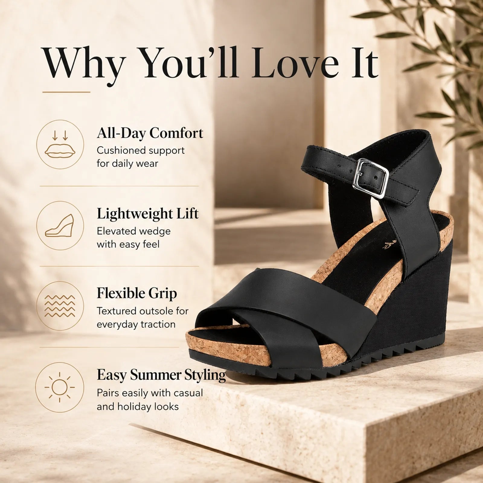 Black women’s wedge sandals with cork-style footbed and ankle buckle strap, textured outsole
