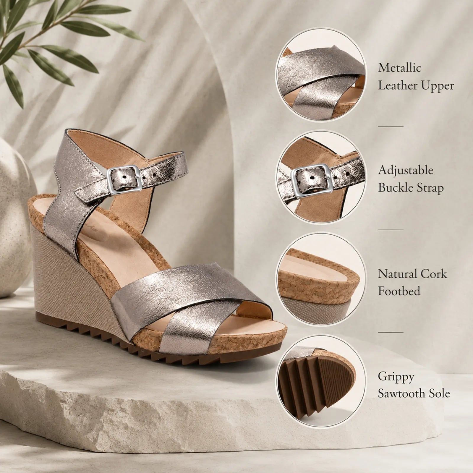 Grey metallic open-toe wedge sandals with adjustable buckle ankle strap