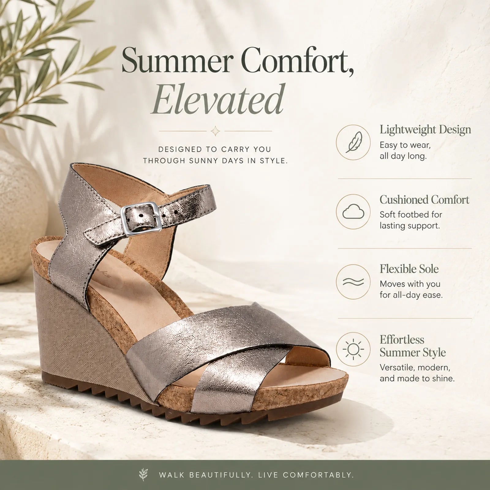 Grey metallic wedge sandals with adjustable buckle ankle strap
