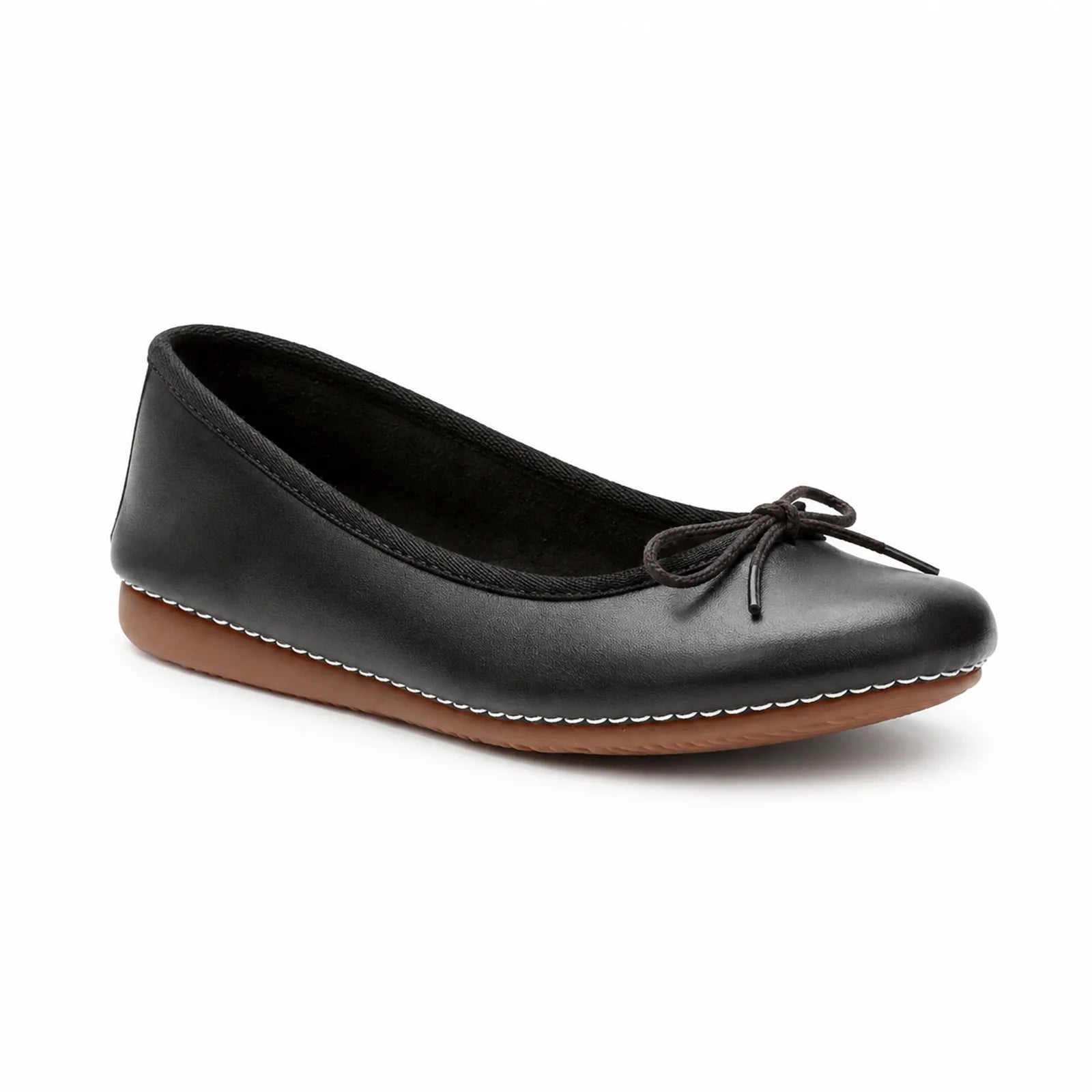 Black leather ballet flats with tied bow, low sole with contrast-stitched trim