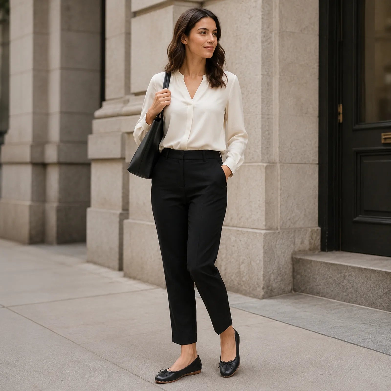 Black leather slip-on flats with tied bow and stitched trim, low profile sole
