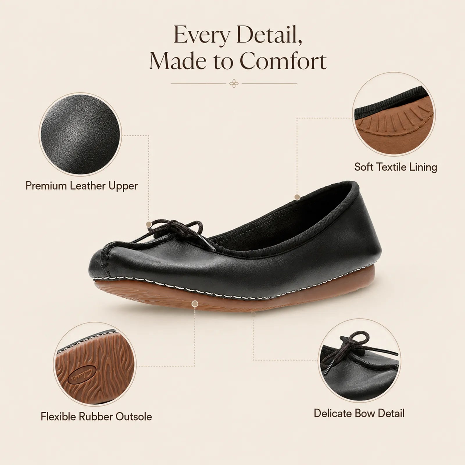 Black leather women's flats with lace-up bow and delicate bow detail