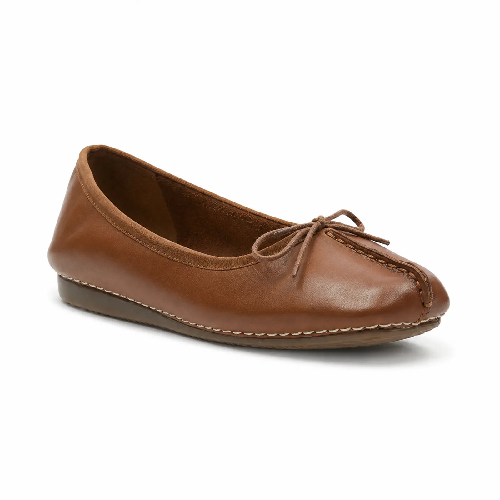 Brown leather ballet flats with lace-up bow and stitched trim on low sole