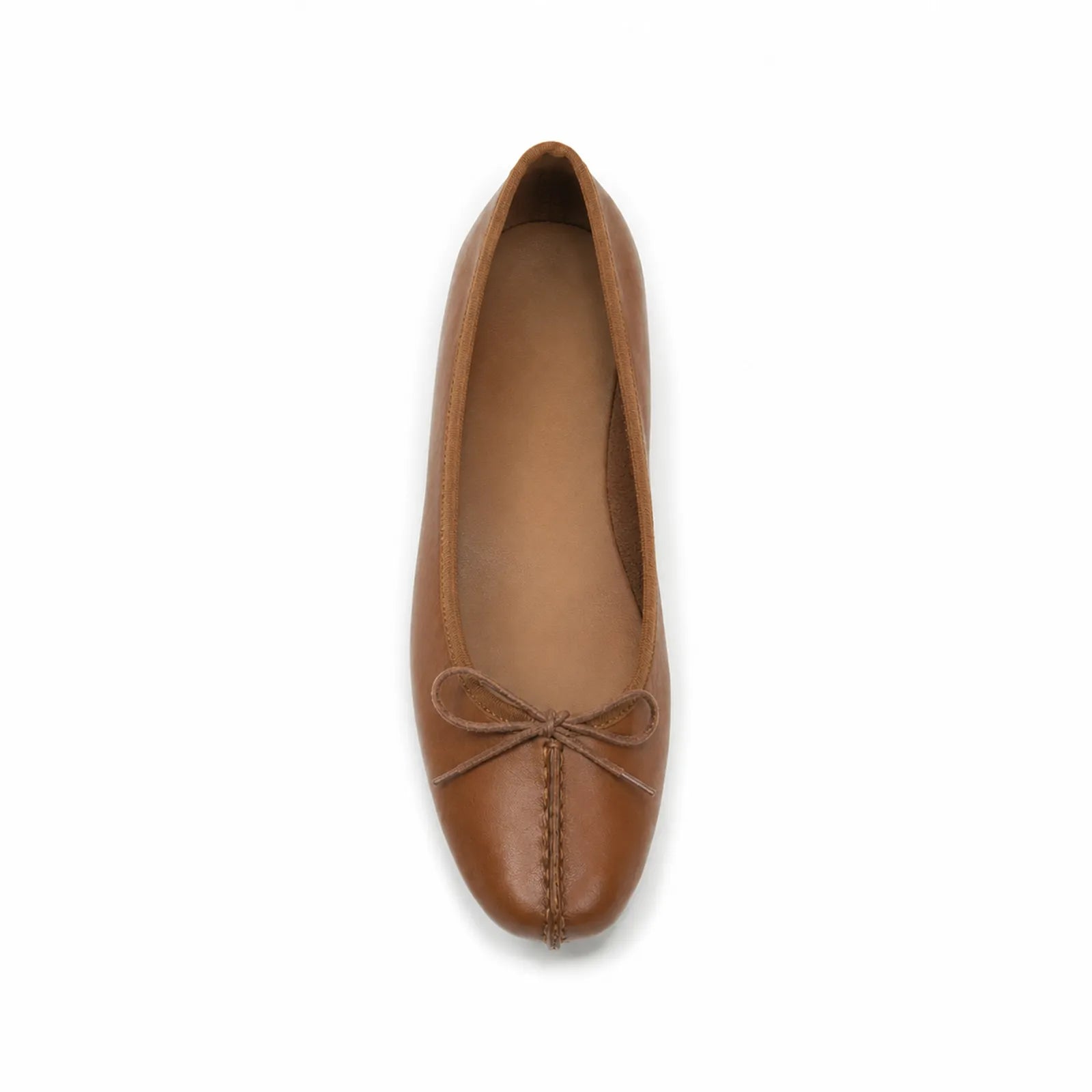 Brown leather flat shoe with bow detail and smooth upper, low heel