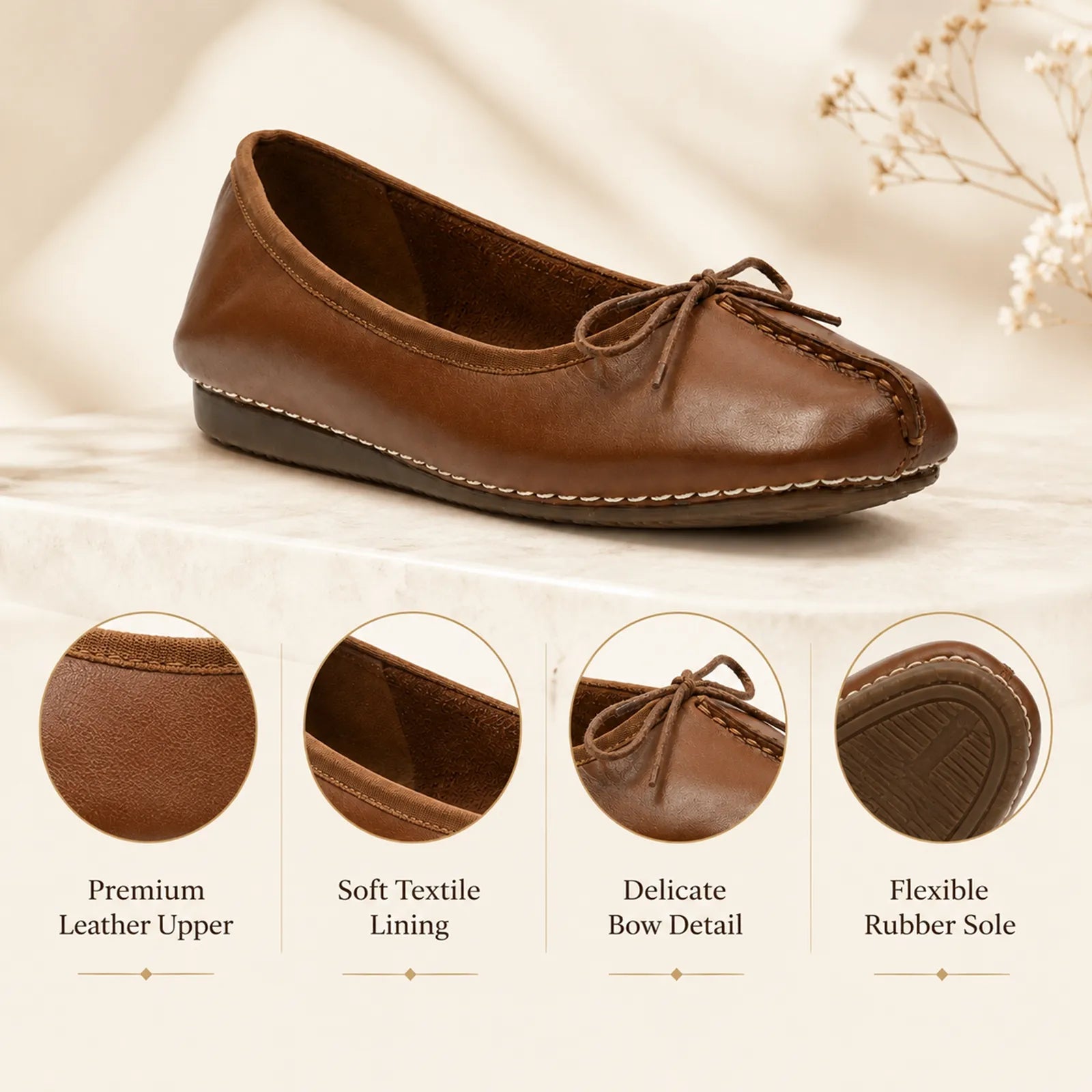 Brown leather ballet flats with bow tie and stitched trim, flexible low sole