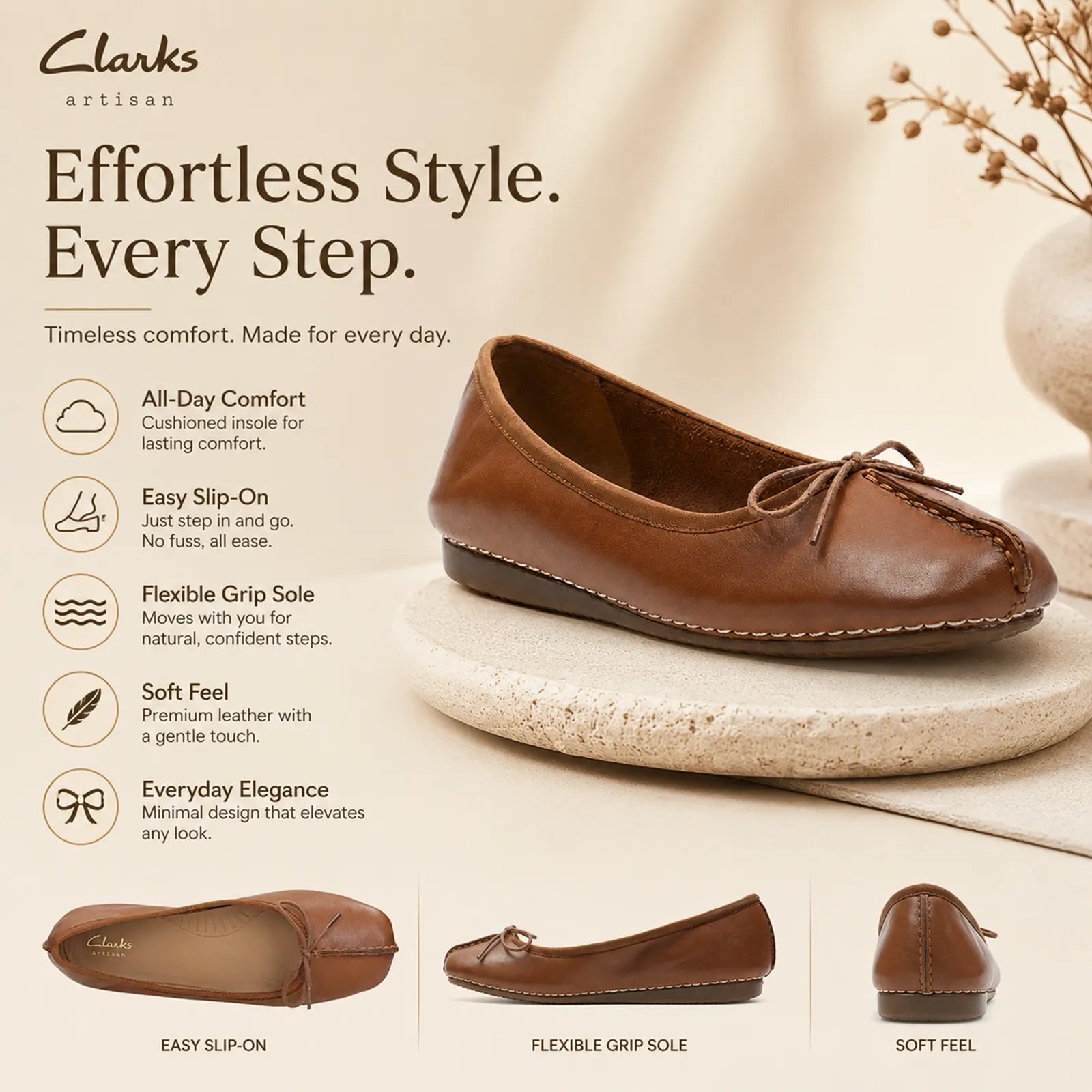 Brown leather slip-on flats with tied bow and stitched trim, low rubber sole