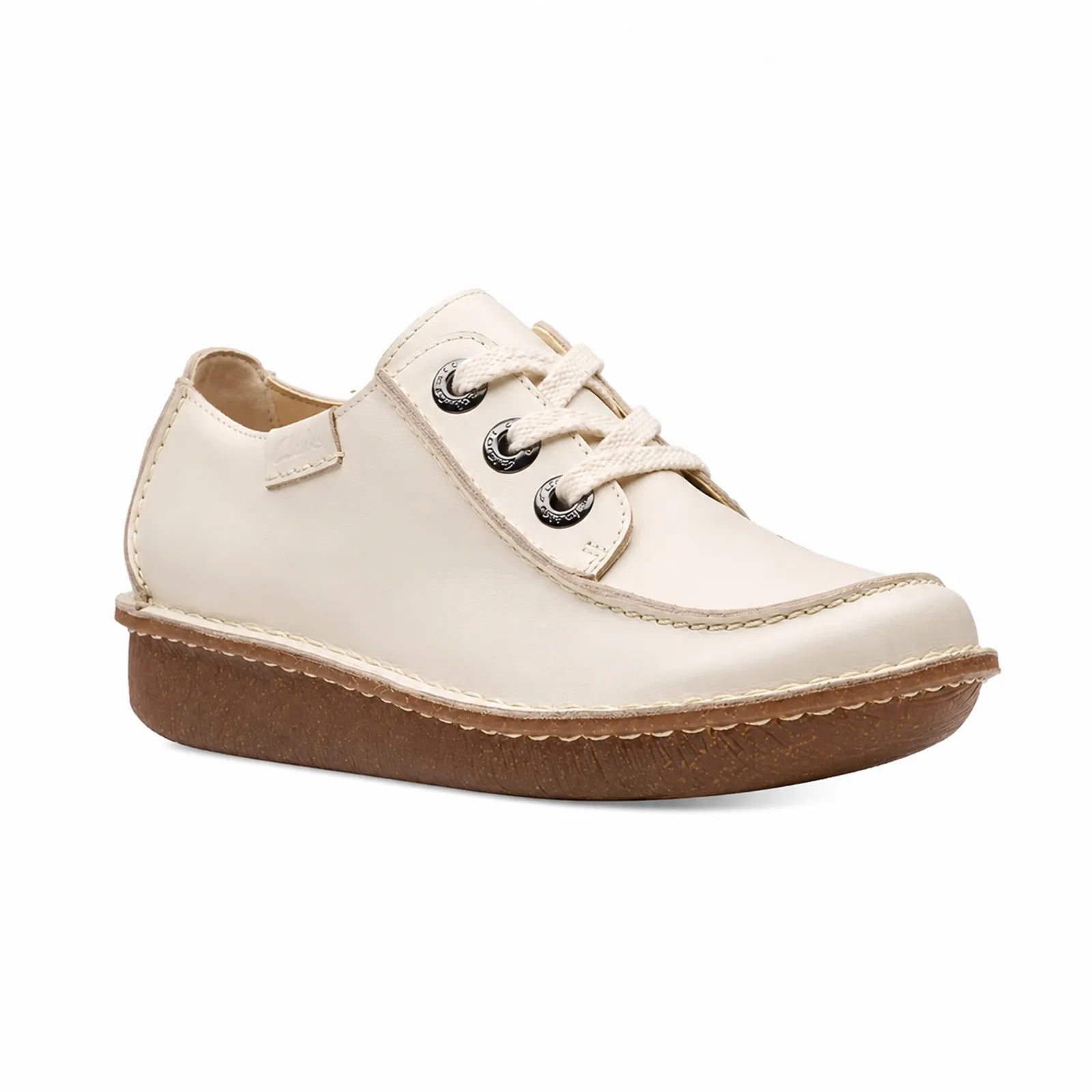 Beige women's leather lace-up shoes with cushioned platform sole and round toe