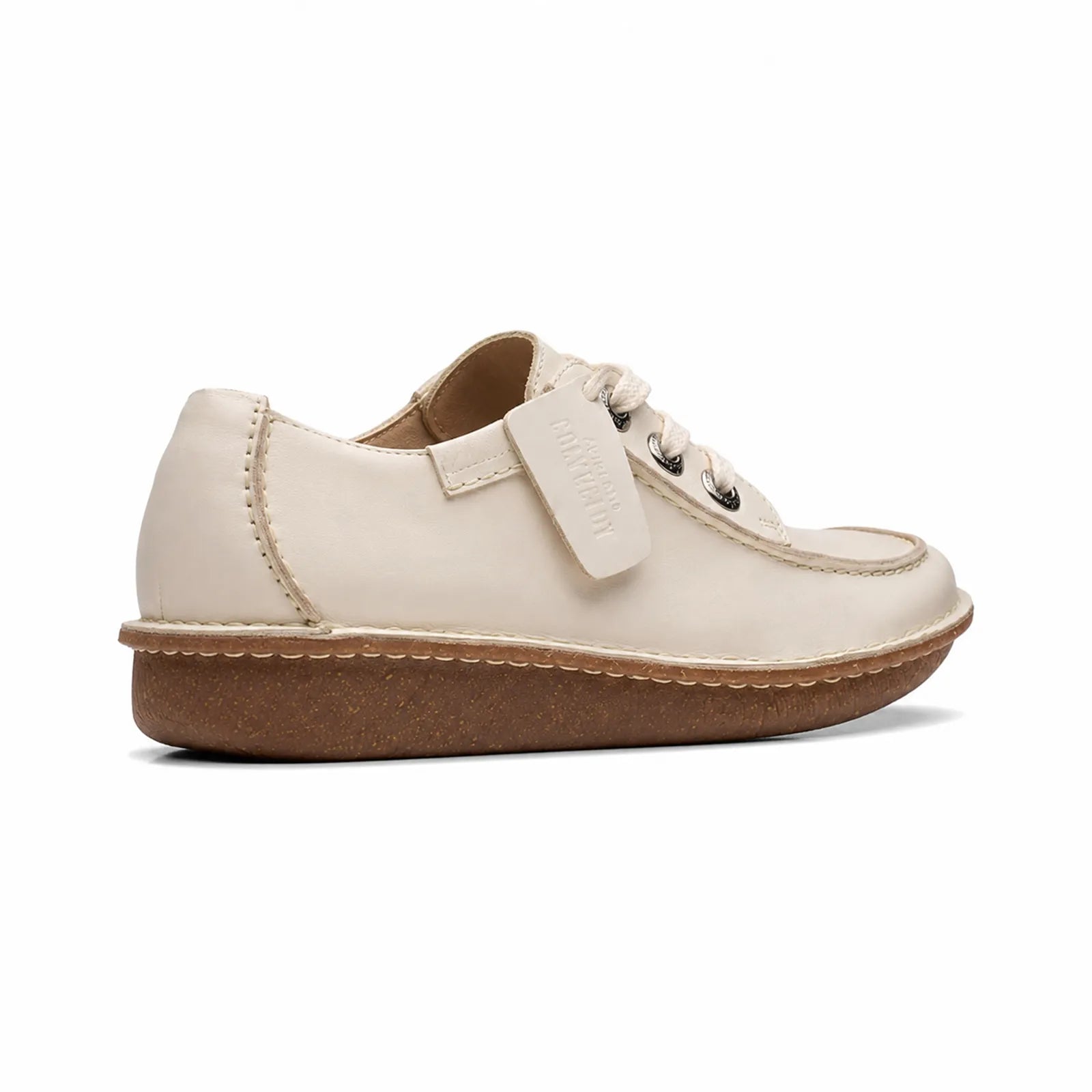 Beige women's leather slip-on style lace shoes with cushioned platform sole