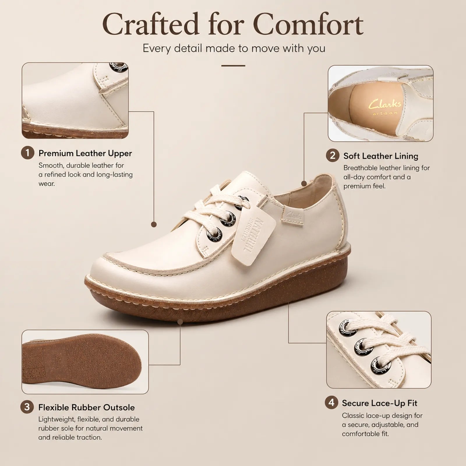 Women's beige leather lace-up shoes with cushioned tongue and brown rubber outsole
