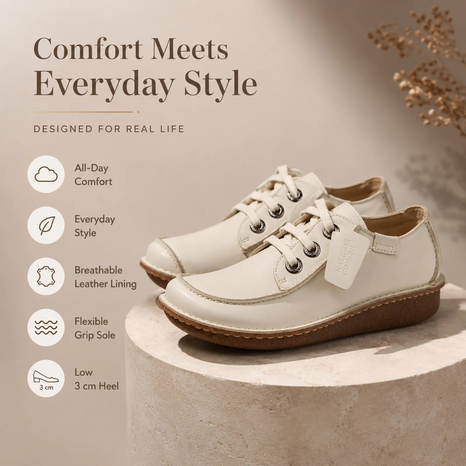 Women's beige leather lace-up shoe with lace eyelets and brown low-profile sole