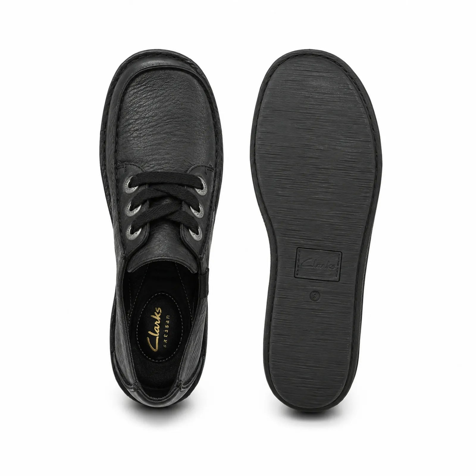 Black women's leather lace-up shoe pair: top view with laces and side logo