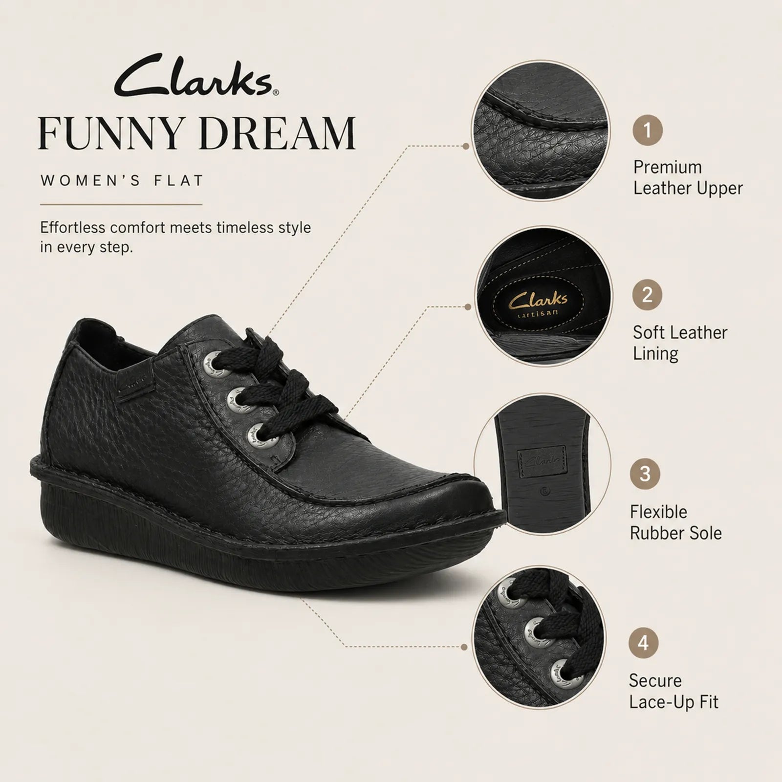 Black women's leather lace-up shoes, profile view with cushioned rubber sole
