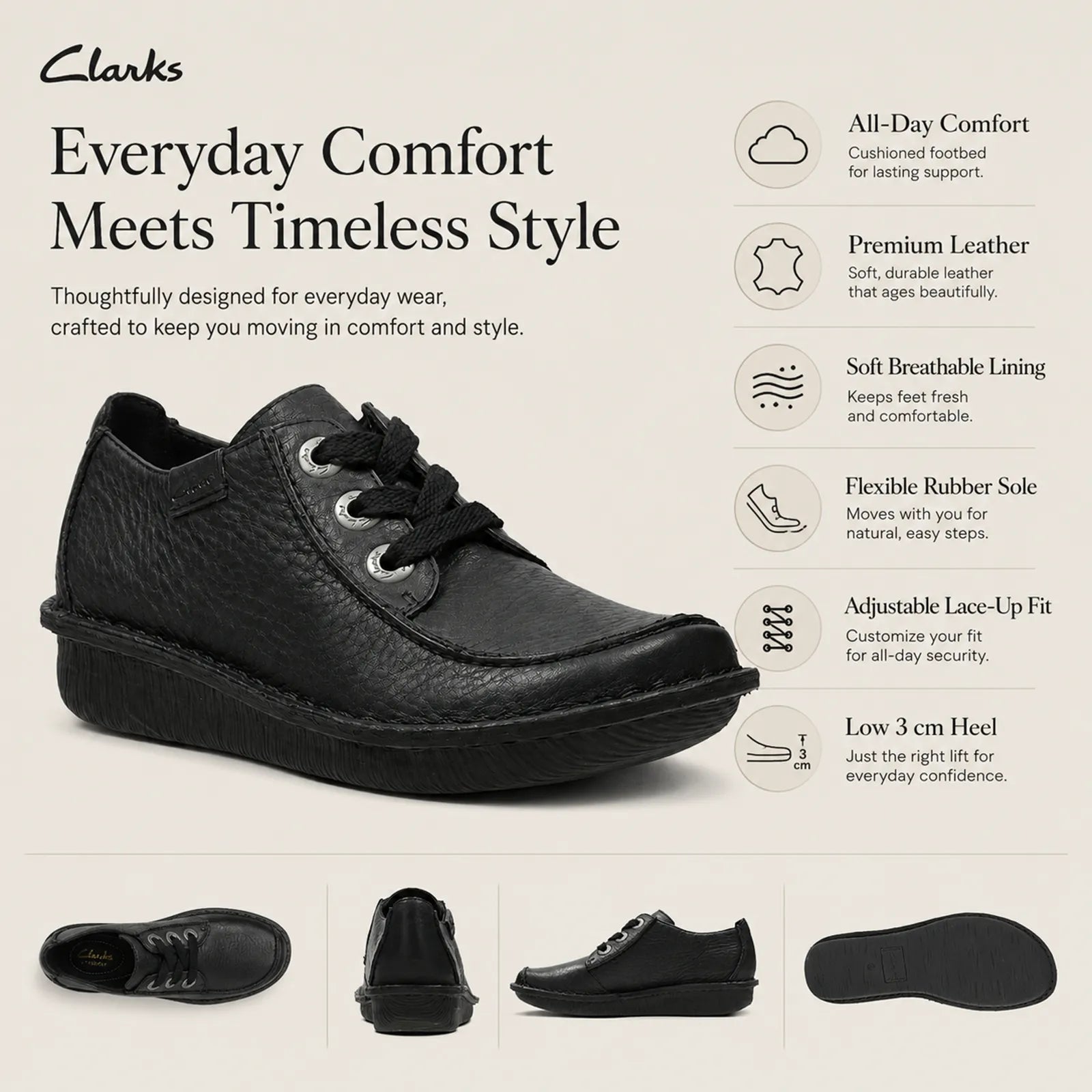 Black women's leather lace-up shoes with lace-up fit and flexible rubber sole