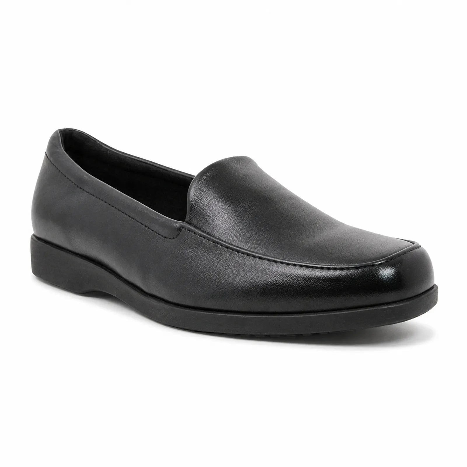 Black leather slip-on loafer with cushioned collar and low flat sole.