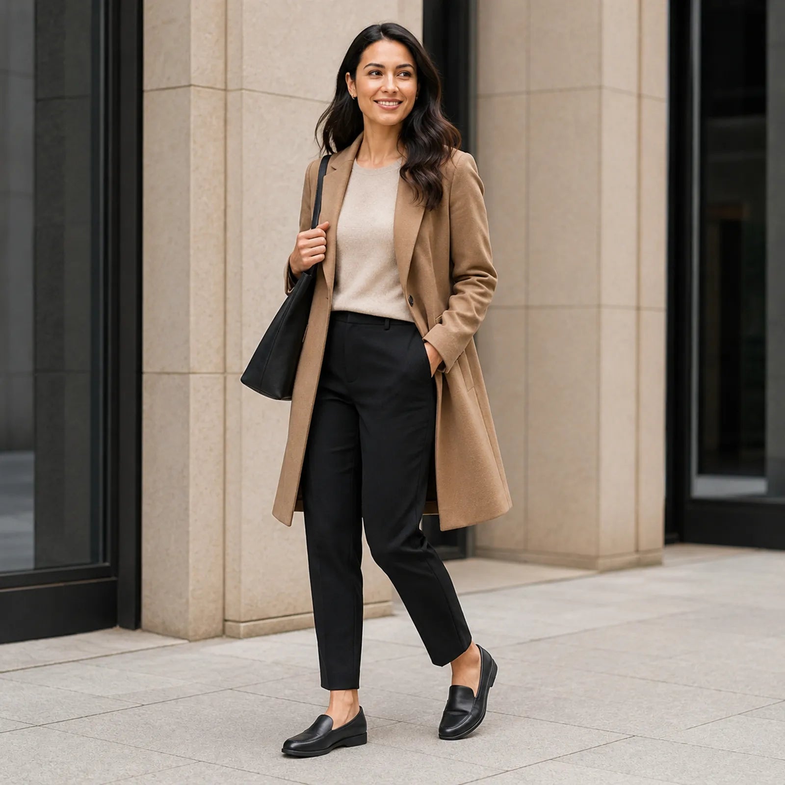 Black leather slip-on loafers on a woman, low flat sole outdoors.