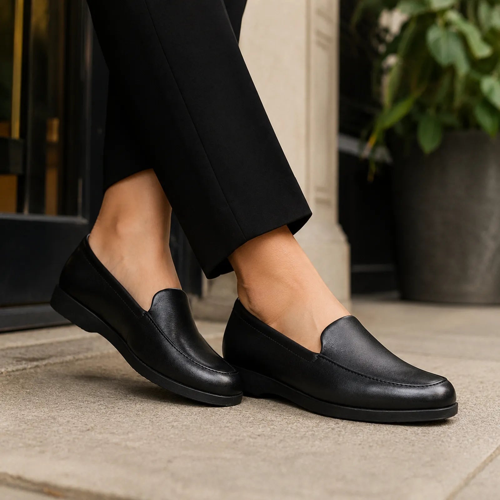 Black leather slip-on loafers with low flat sole on pavement.