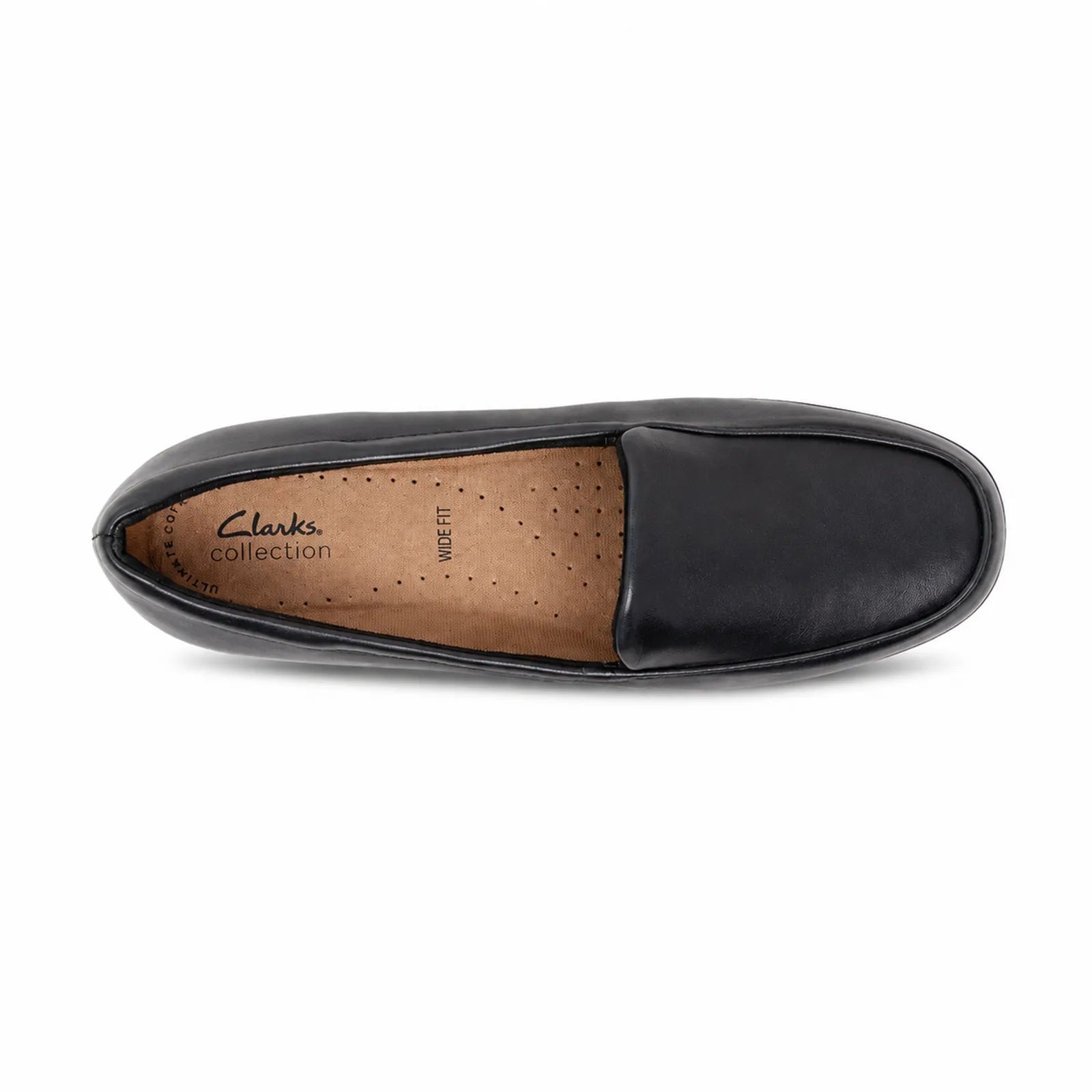 Black leather slip-on loafer with tan interior lining and stitched apron.