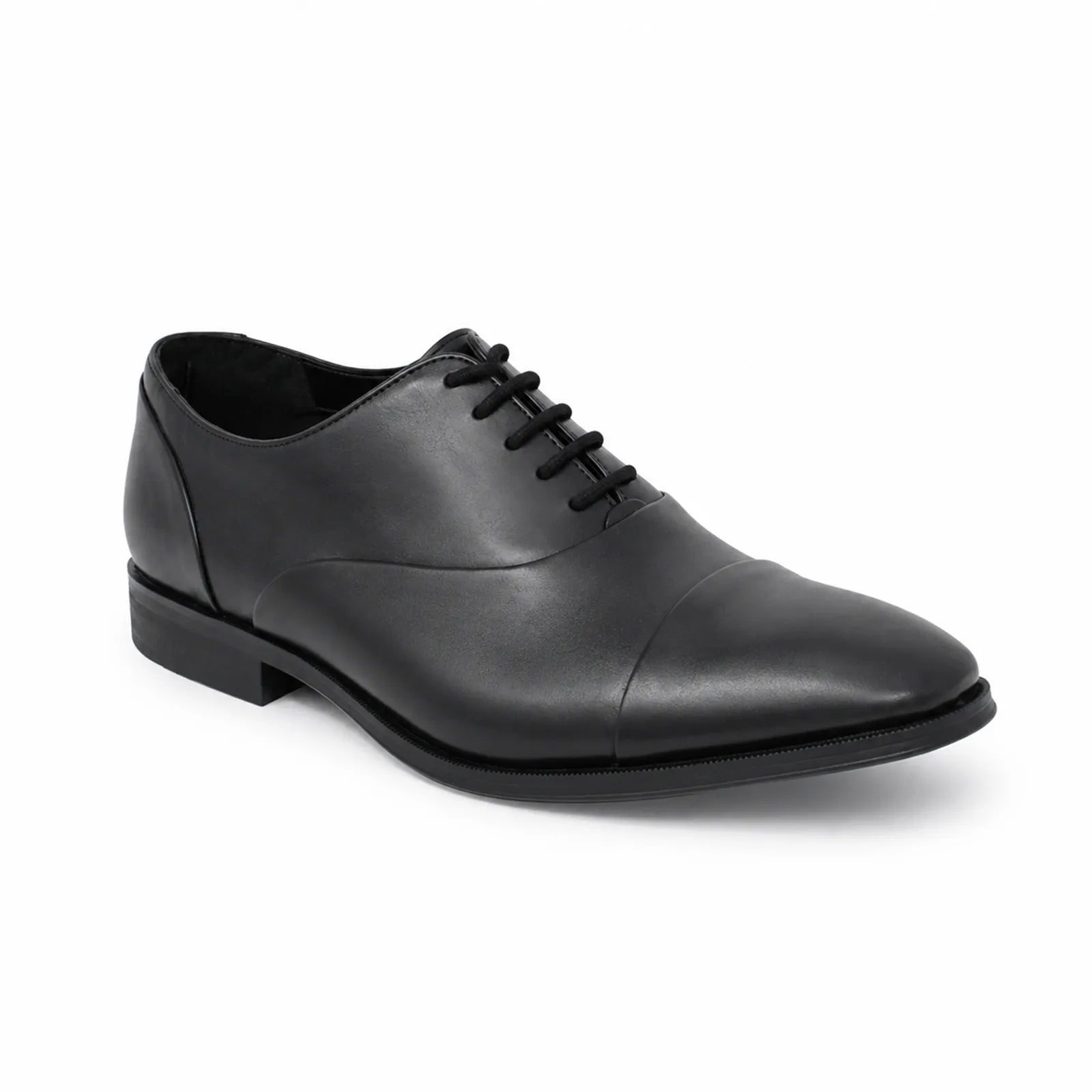 Men's black leather lace-up business shoes, sleek cap toe