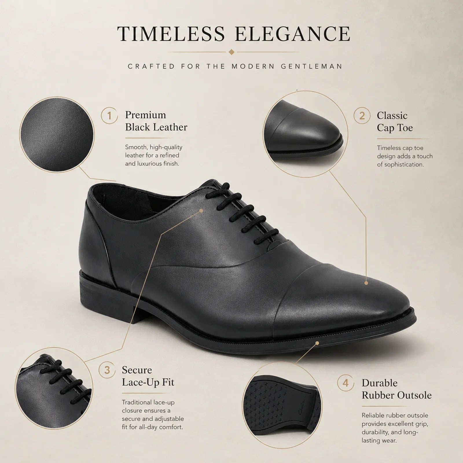 Black leather lace-up cap-toe formal shoes with rubber outsole
