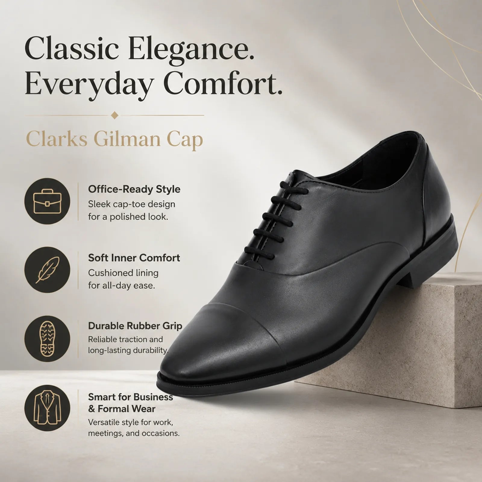 Black leather lace-up business shoes with cap toe