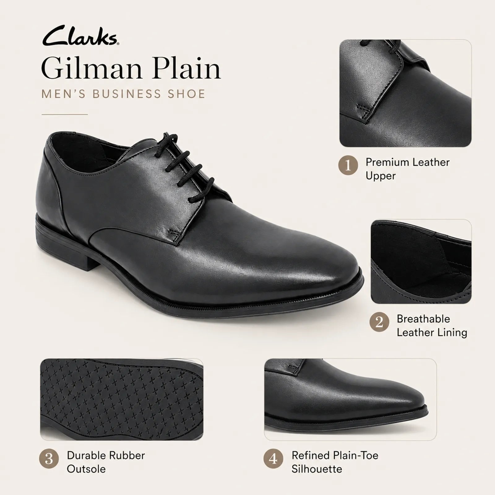 Clarks Gilman Plain black leather lace-up business shoe, plain-toe style