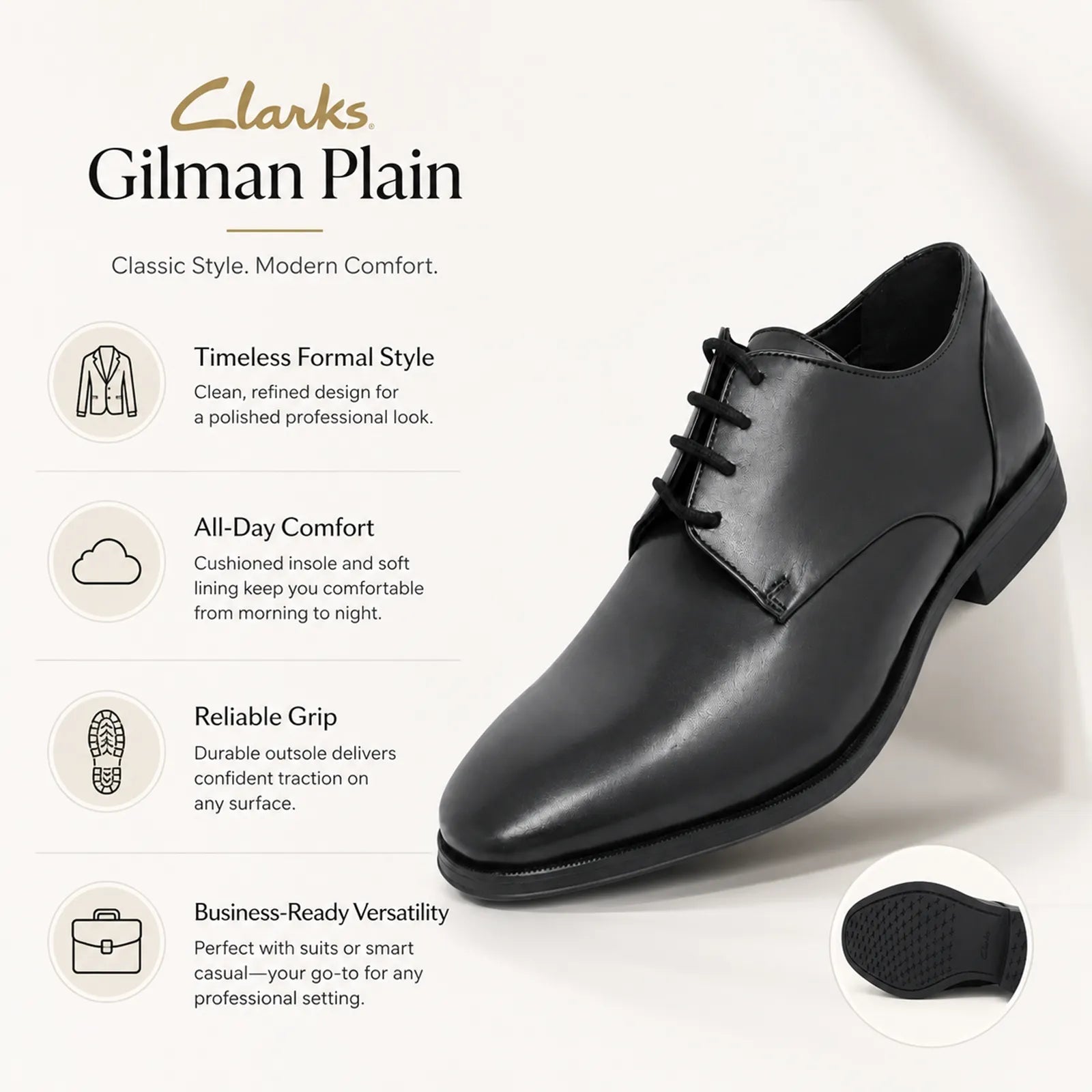 Black leather lace-up Oxford business shoe, smooth plain-toe silhouette