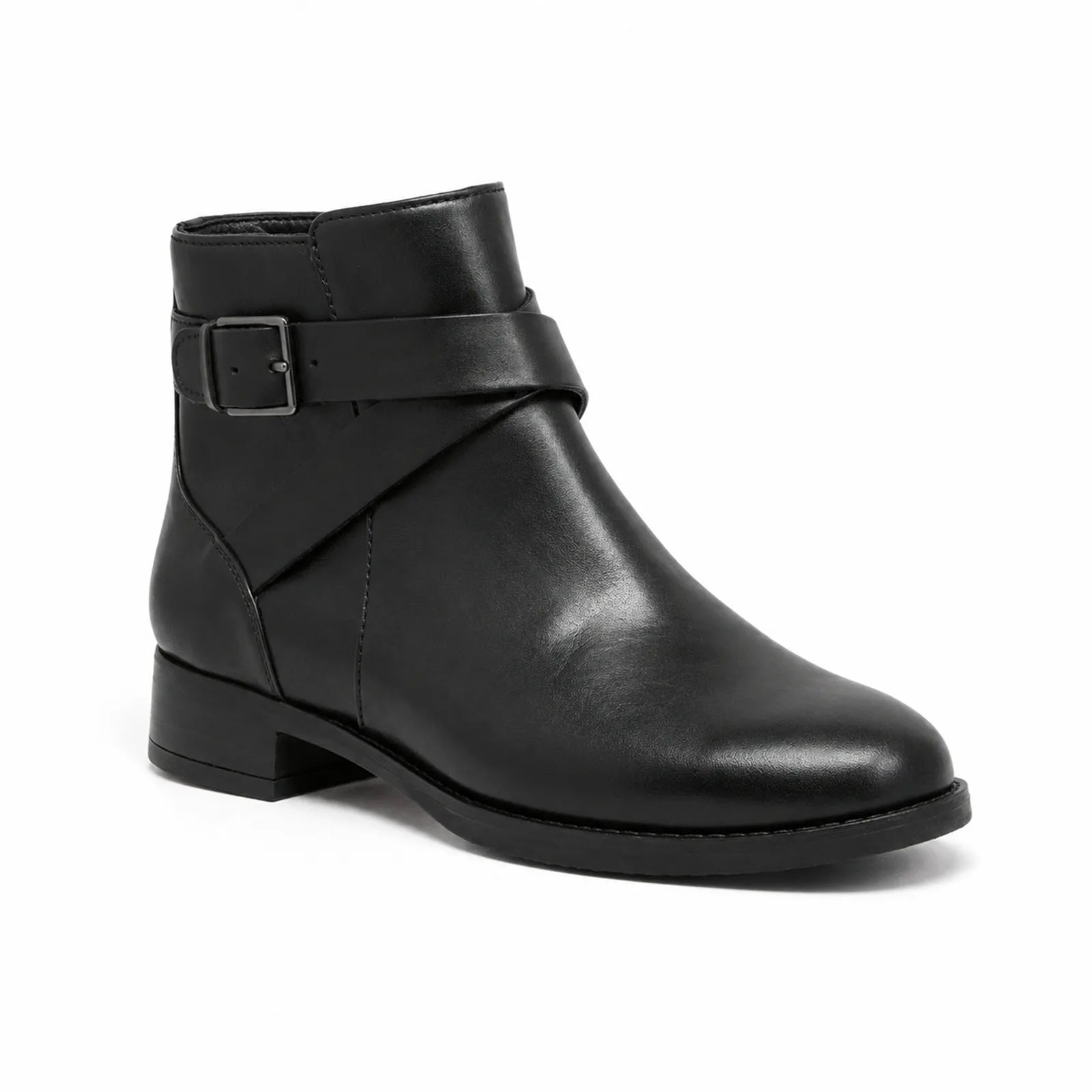 Women’s leather ankle boots, black, wraparound buckle strap and low block heel