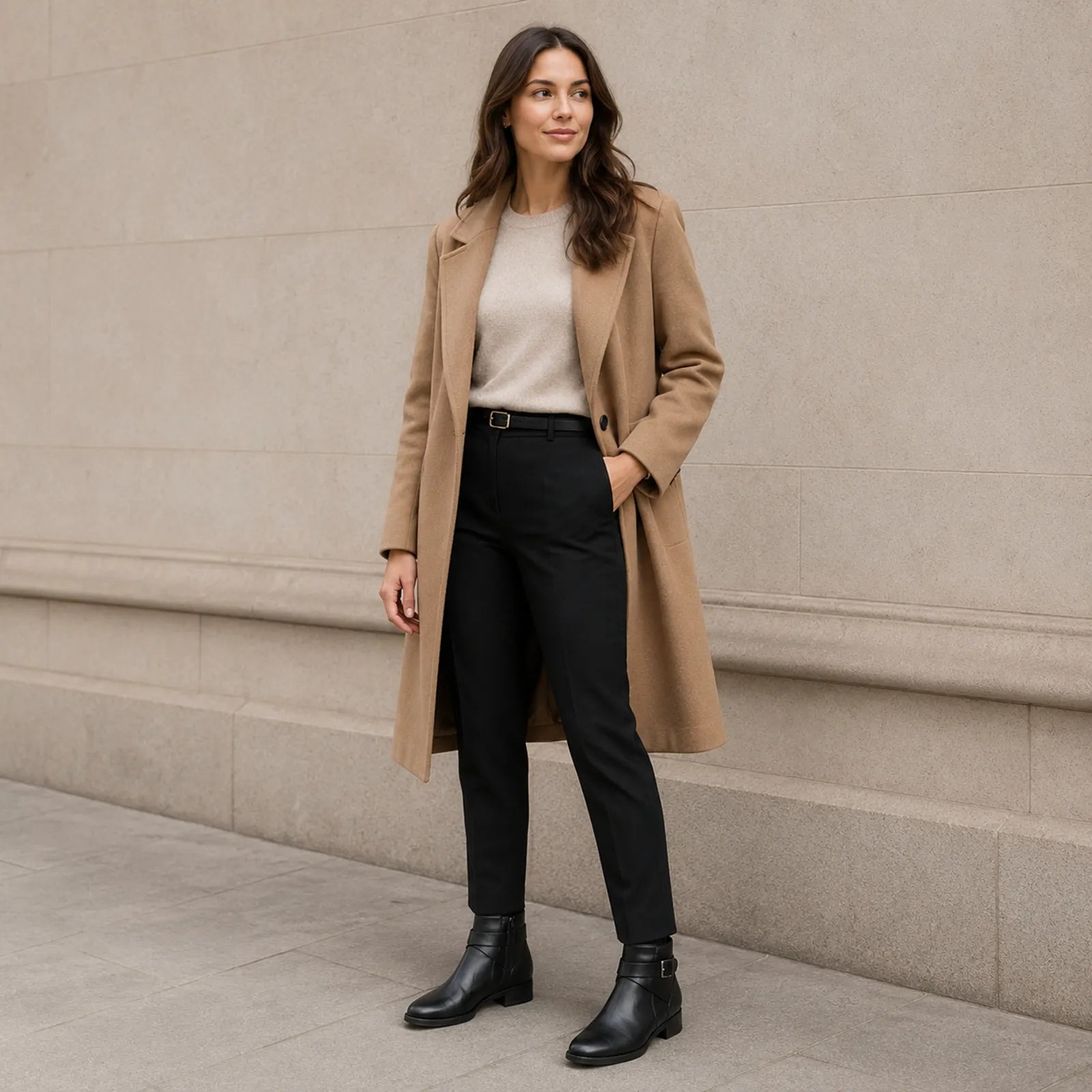 Women’s leather ankle boots, black, worn with dark pants and long tan coat