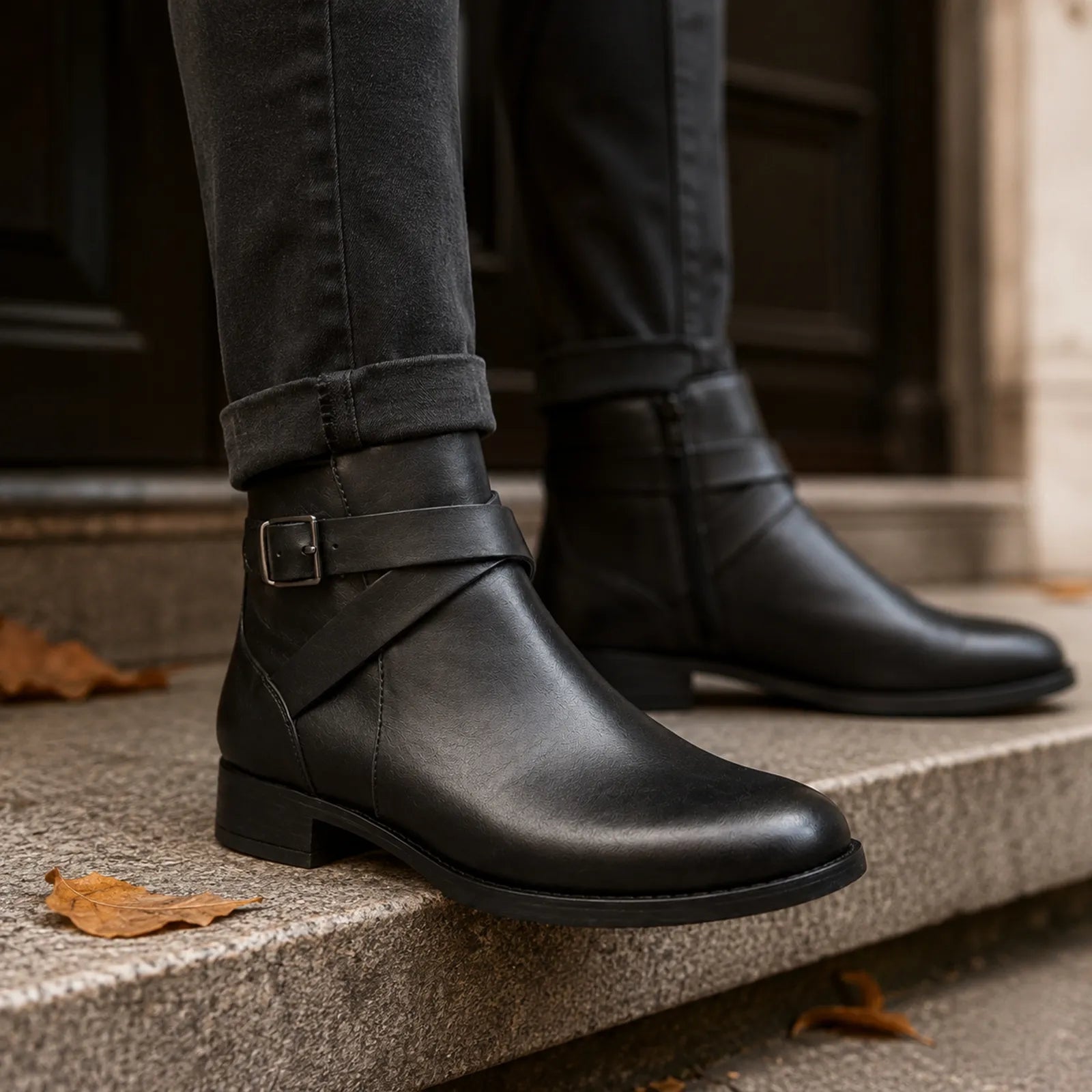 Women’s leather ankle boots, black, buckle strap and low block heel on steps