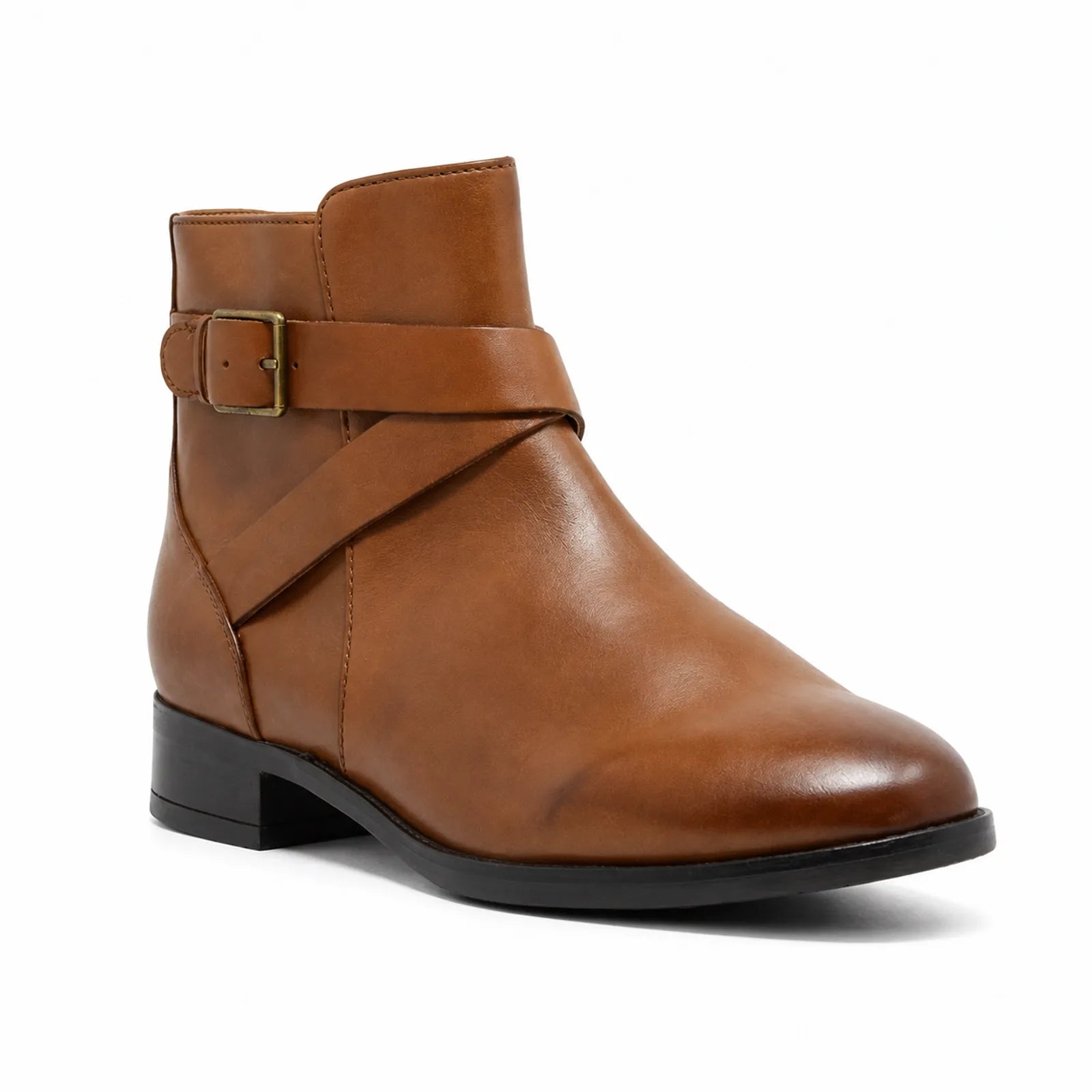 Brown leather ankle boot with buckle strap and low block heel, side view