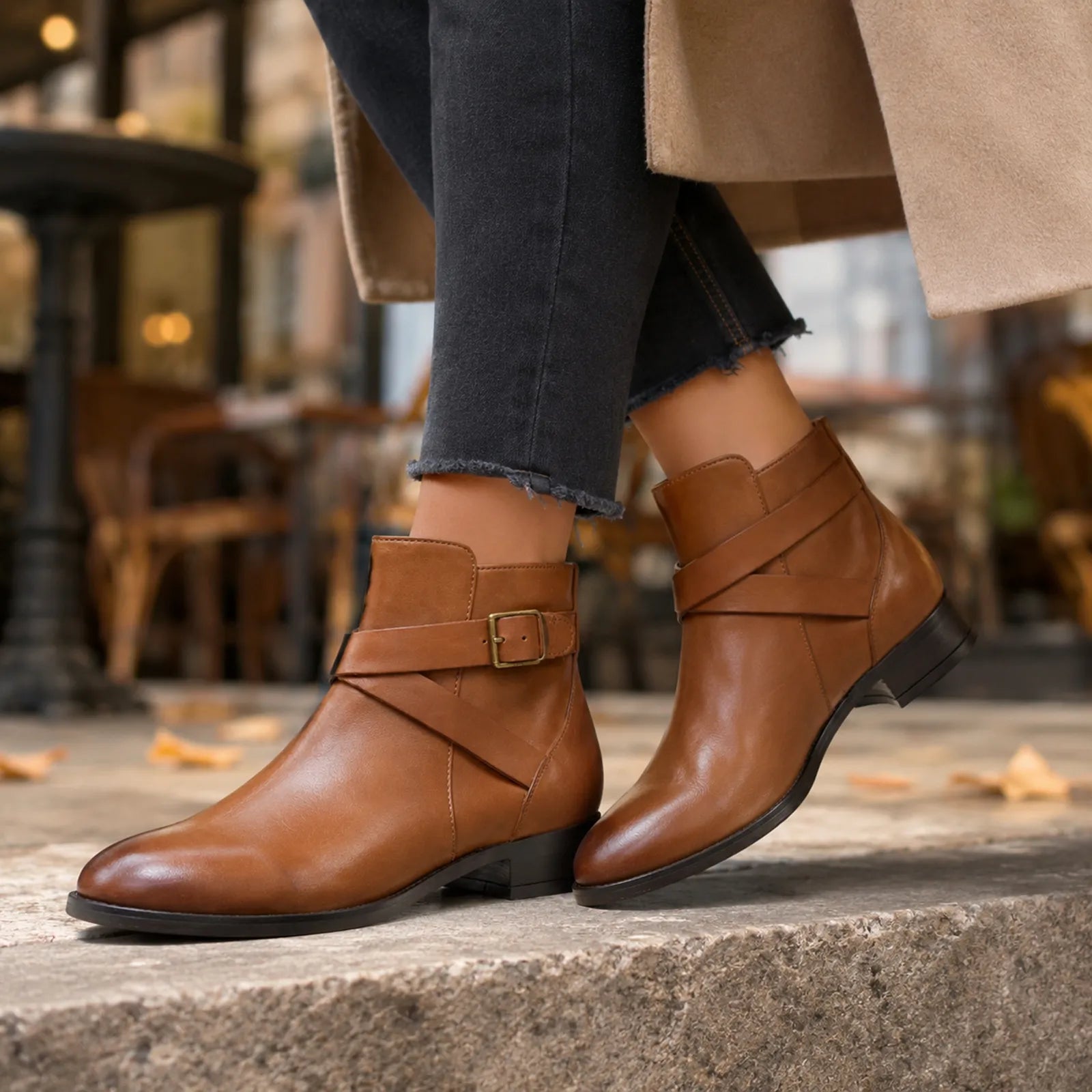 Women’s leather ankle boots, tan/brown, buckle strap and stacked low heel