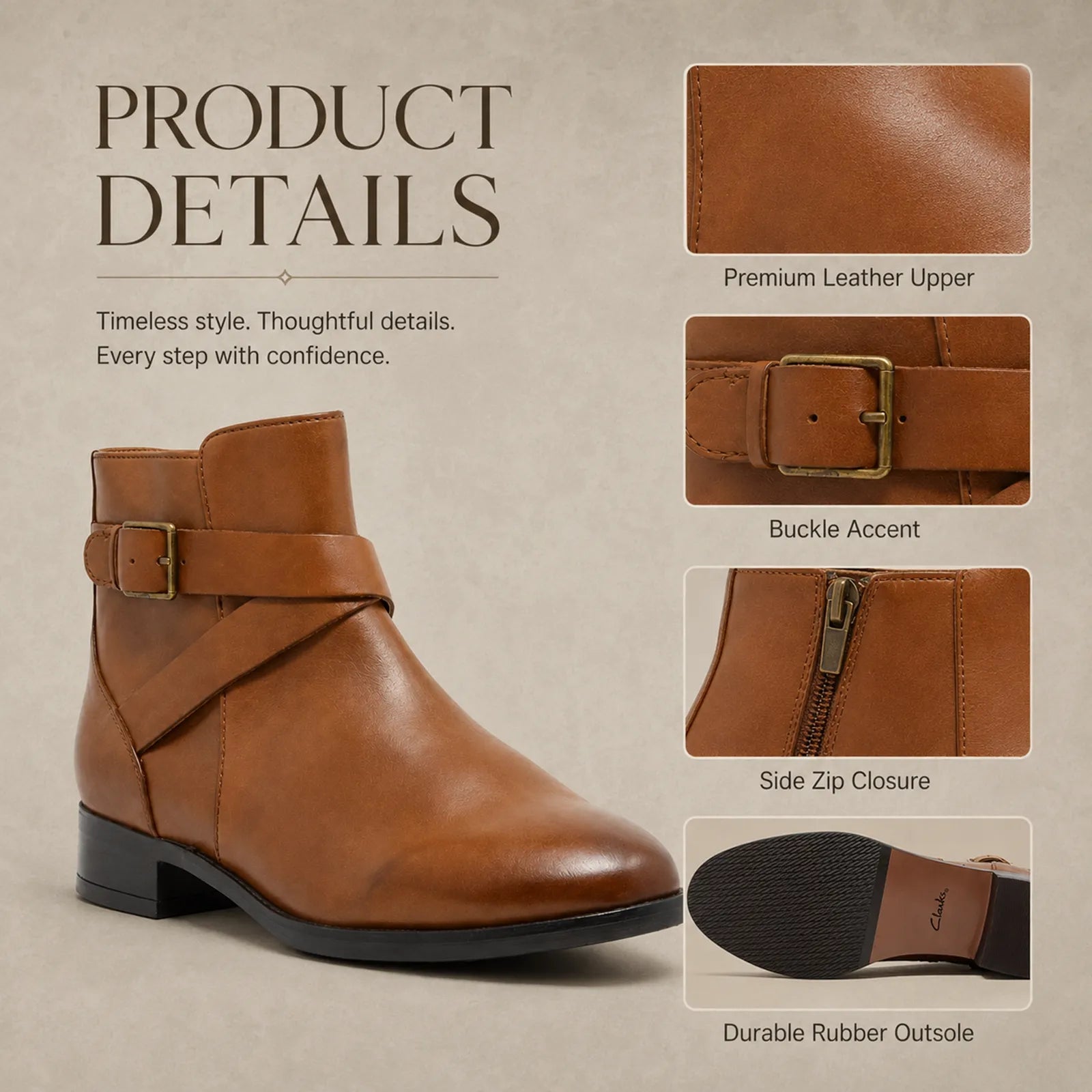 Women’s leather ankle boots, brown, buckle accent, side zip closure, rubber outsole