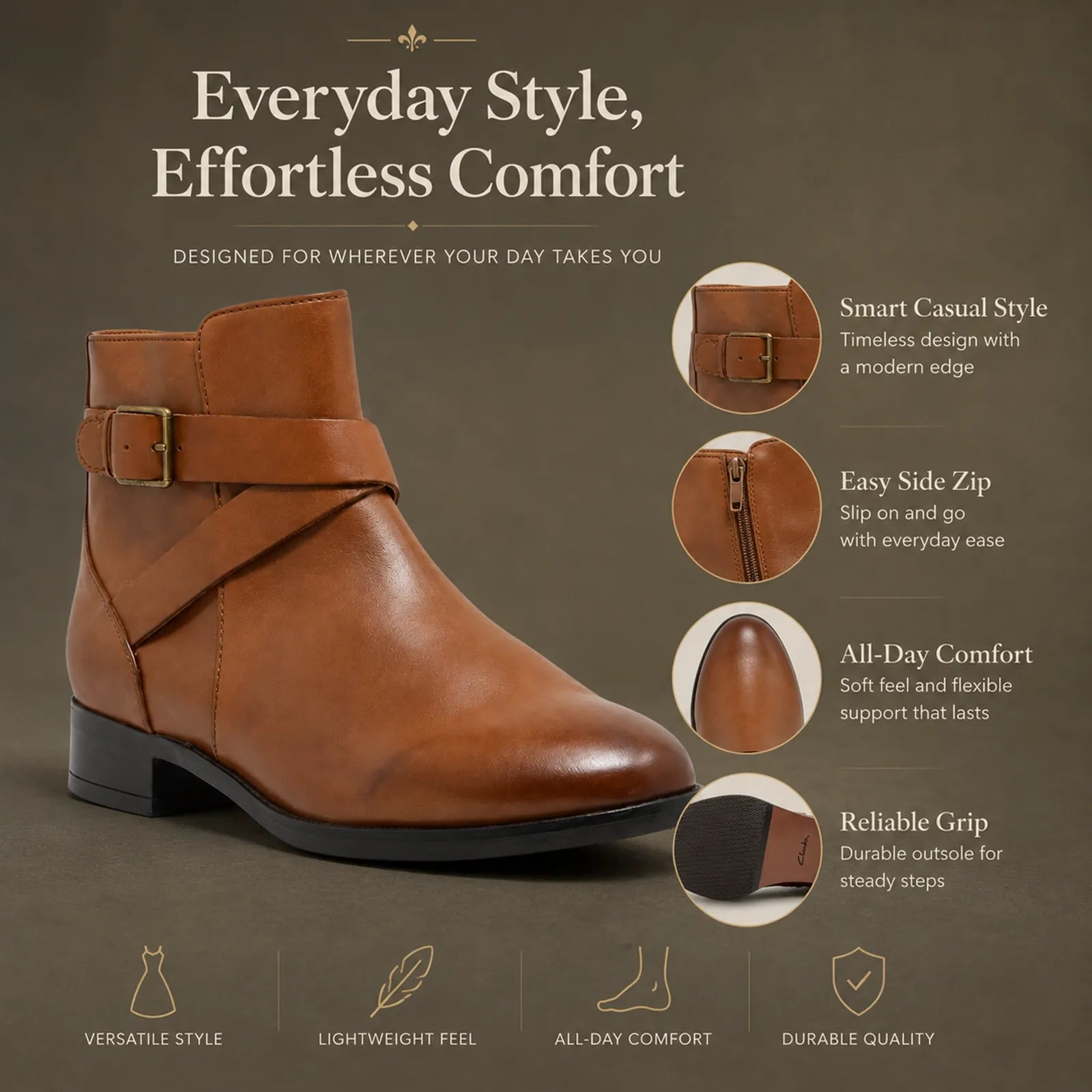 Women’s leather ankle boots, tan/brown, buckle strap style with low block heel