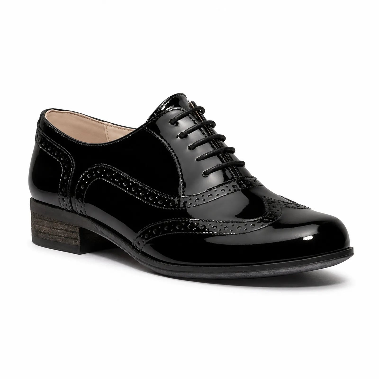 Black patent leather brogue lace-up shoes with wingtip perforations and block heel