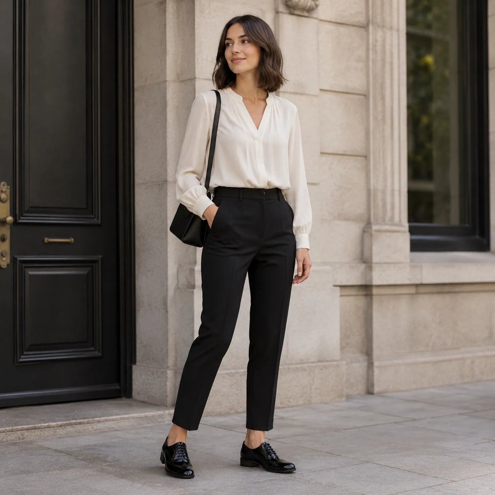 Black lace-up brogue shoes on model with dark trousers