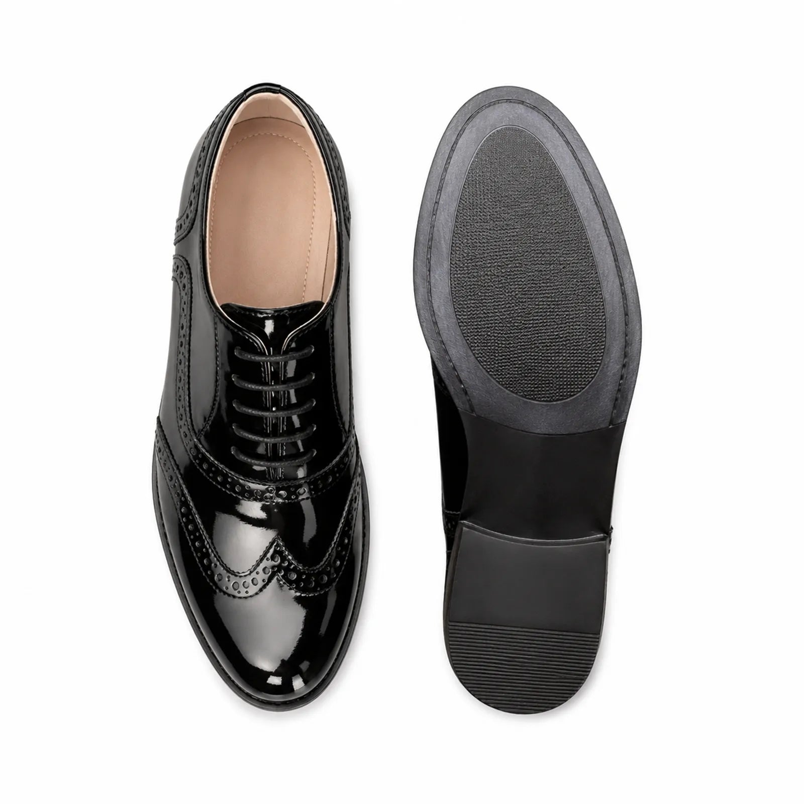 Women's black patent brogue lace-up formal shoes, closed-toe, stitched wingtip details