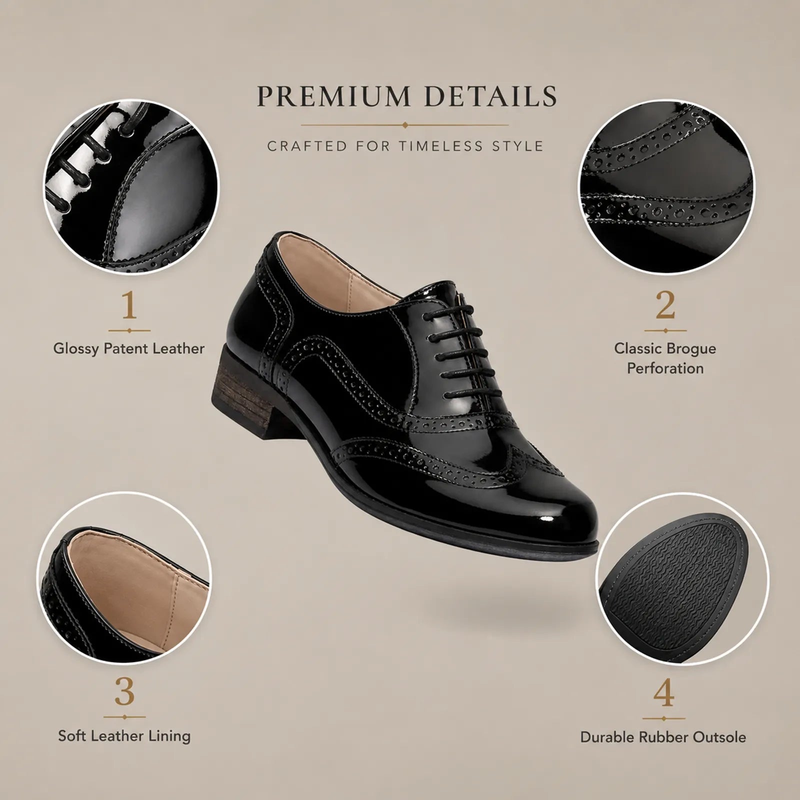Black patent leather brogue lace-up dress shoes with classic perforations and rubber outsole
