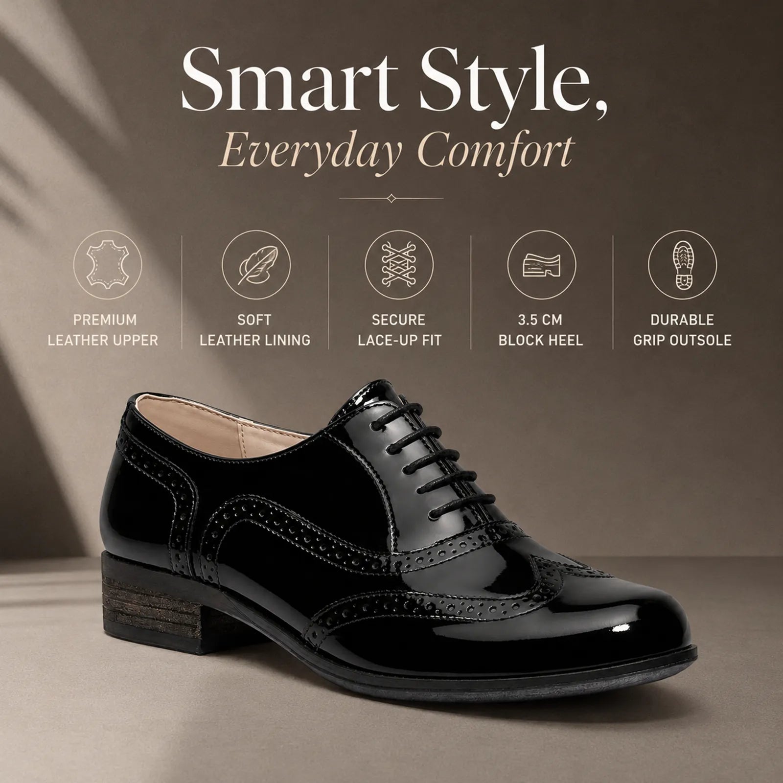 Women's black leather brogue lace-up formal shoes with glossy finish and block heel
