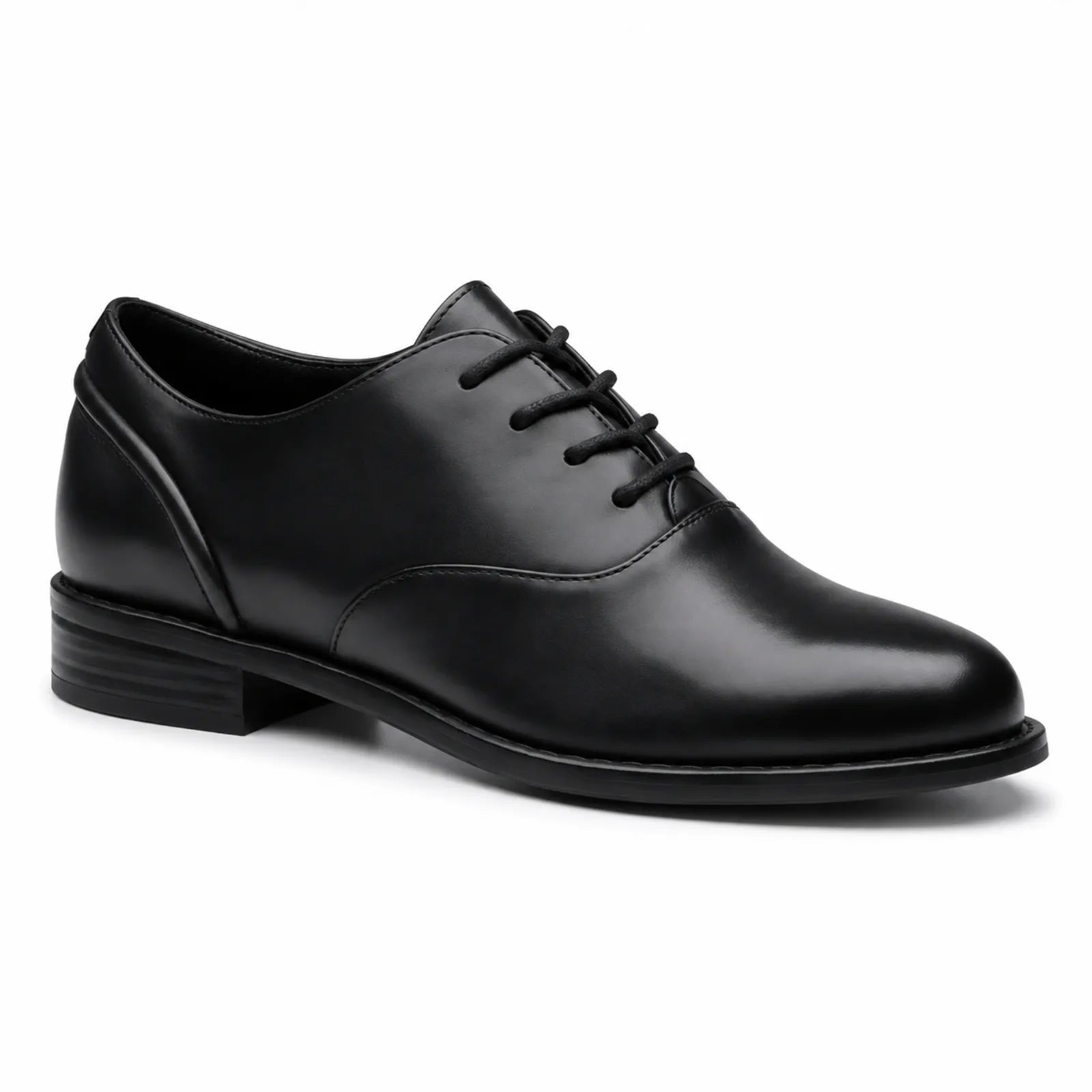Black leather lace-up oxford shoe with low stacked heel