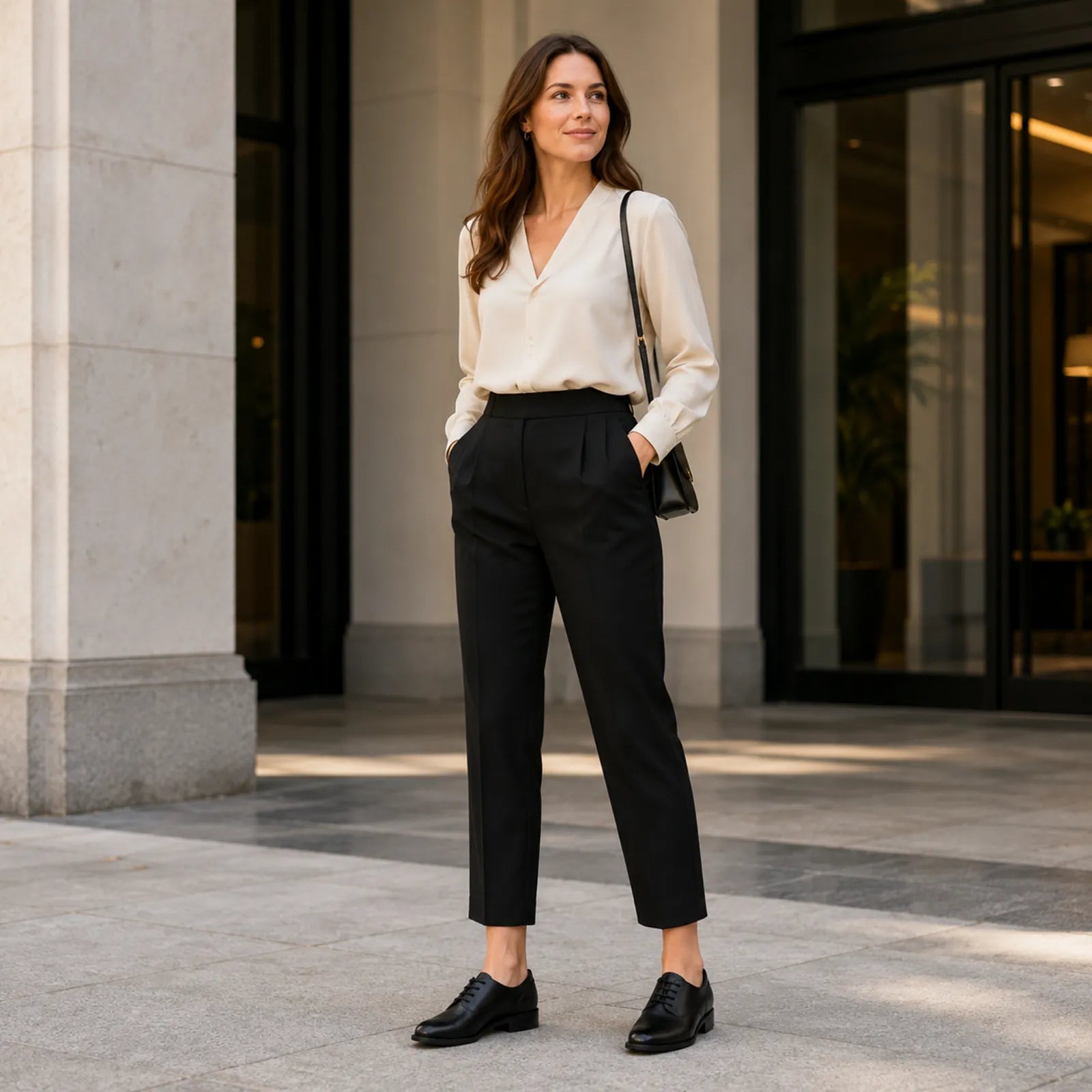 Black leather lace-up oxford shoes worn with dark trousers