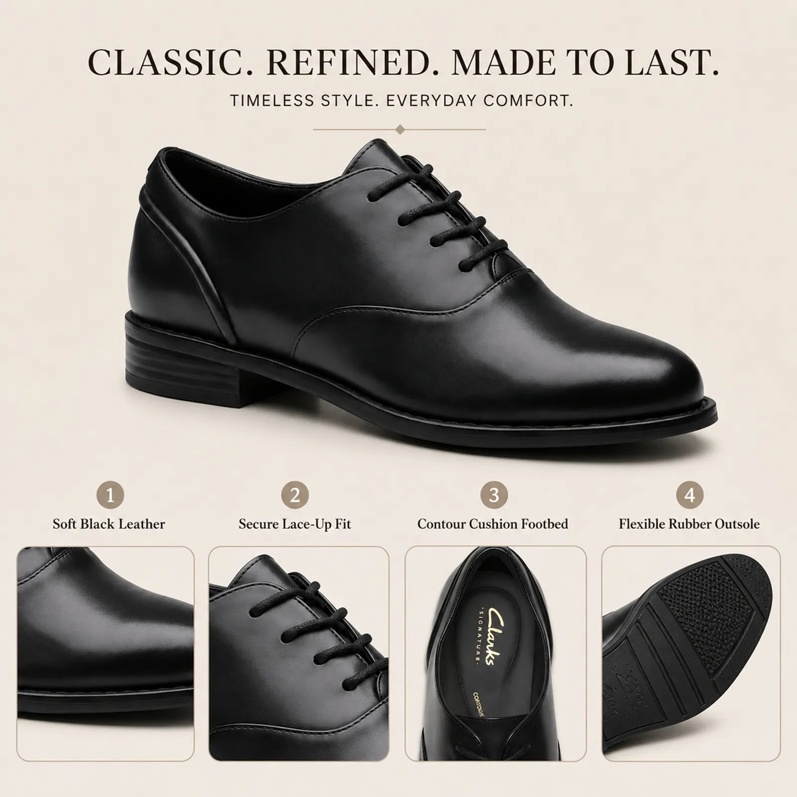 Black leather lace-up oxford shoes with comfort and rubber outsole callouts