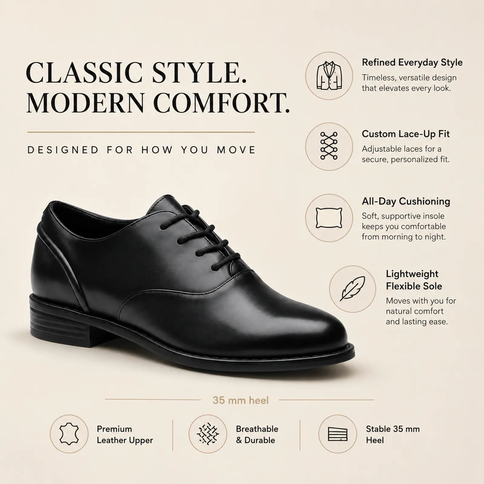 Black leather lace-up oxford flats for women with 35 mm heel